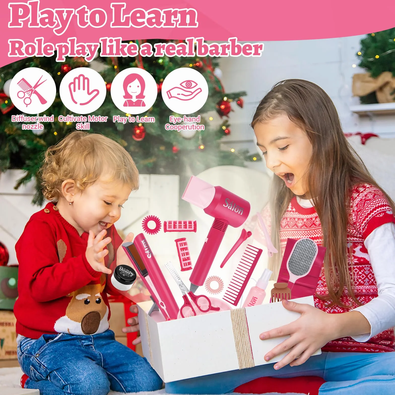 Ensemble de Salon de Beauté 25 Pièces Jouets de Coiffure pour Filles 3-7 Ans Rose