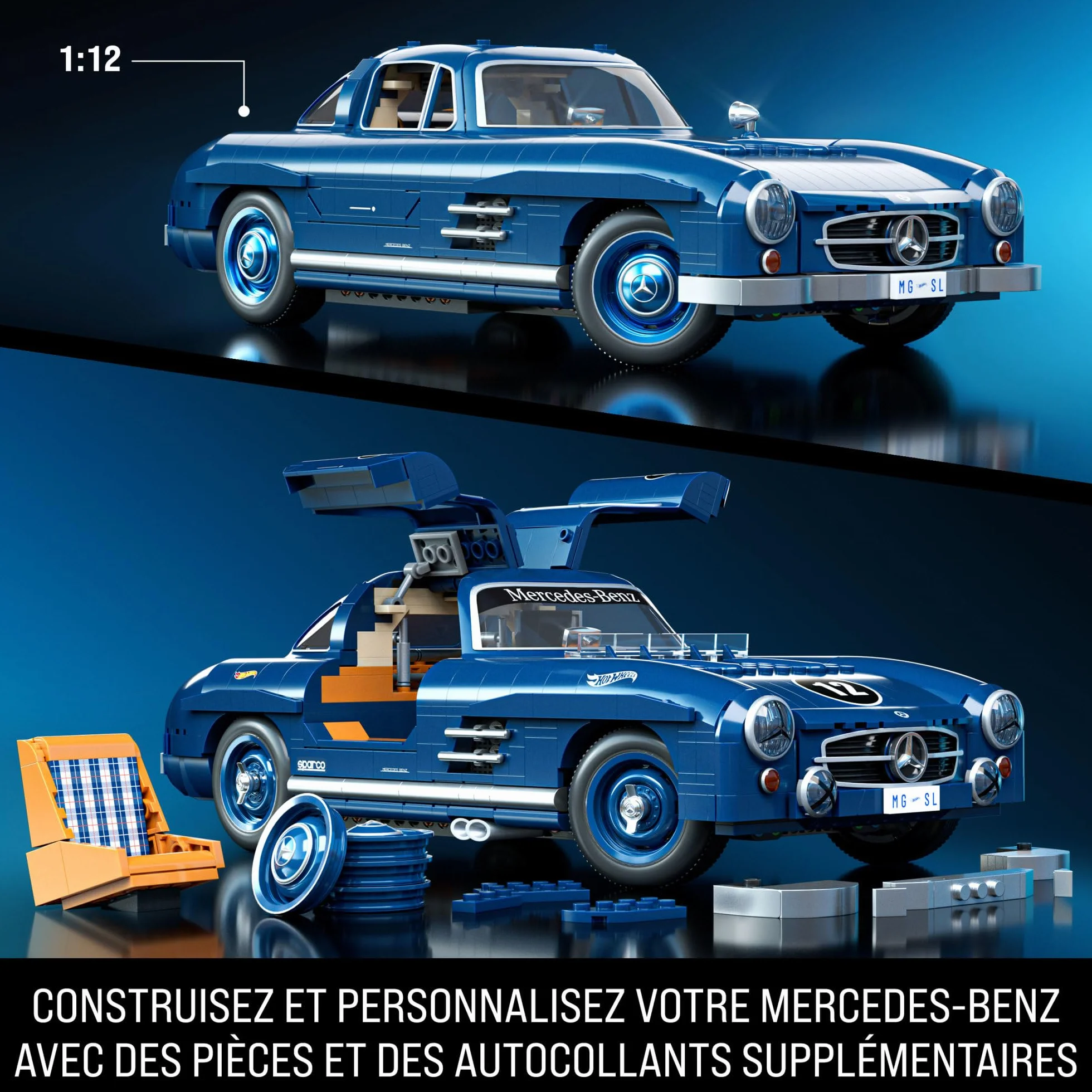 Mattel Hot Wheels Mercedes-Benz 300 SL Coffret de Construction Premium 1 600 pièces métalliques HWW25