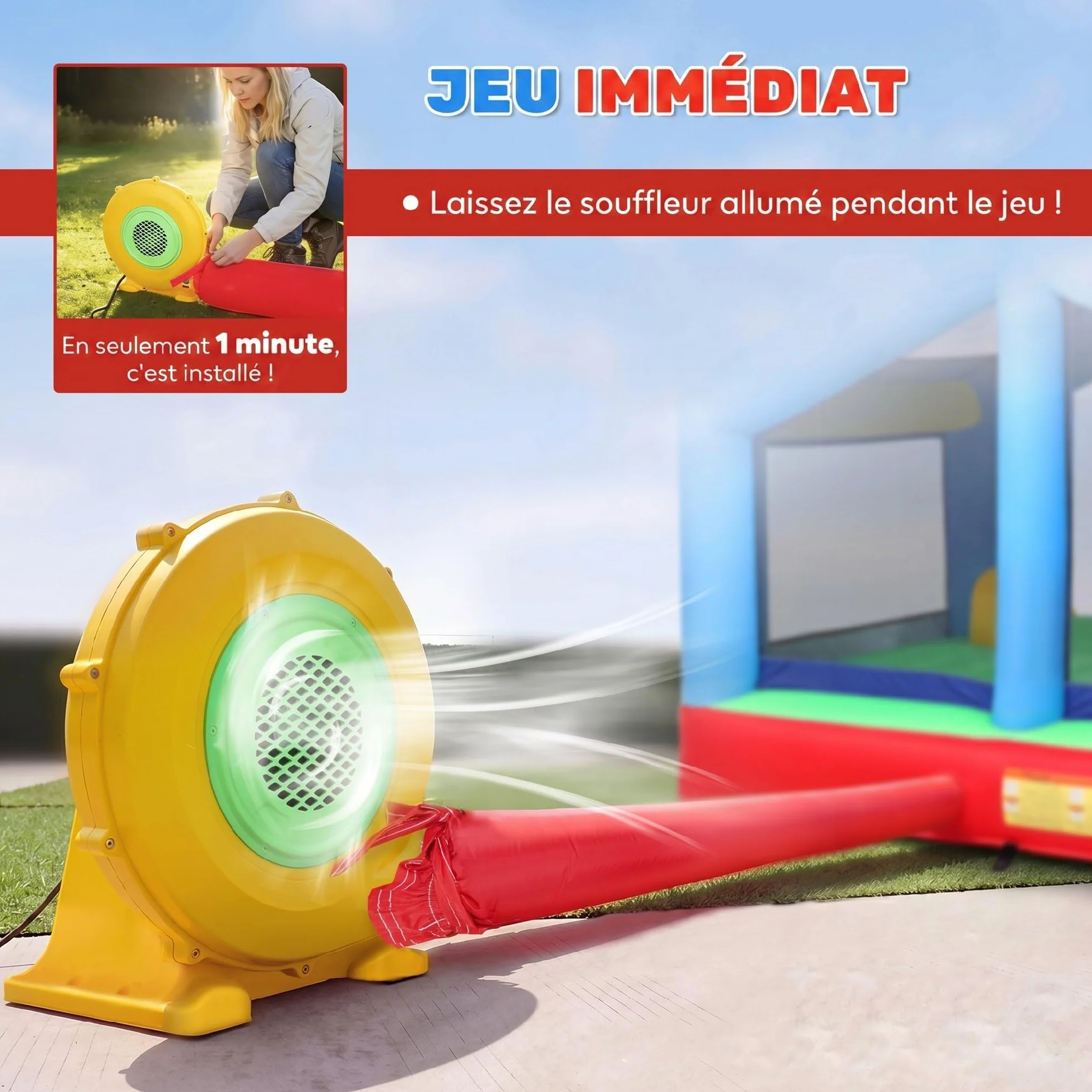 AIYAPLAY Château Gonflable 4 en 1 avec Toboggan, Piscine à balles, Jeu de Lancer d'anneaux, Toit à Protection Solaire, pour 3 Enfants 3-8 Ans