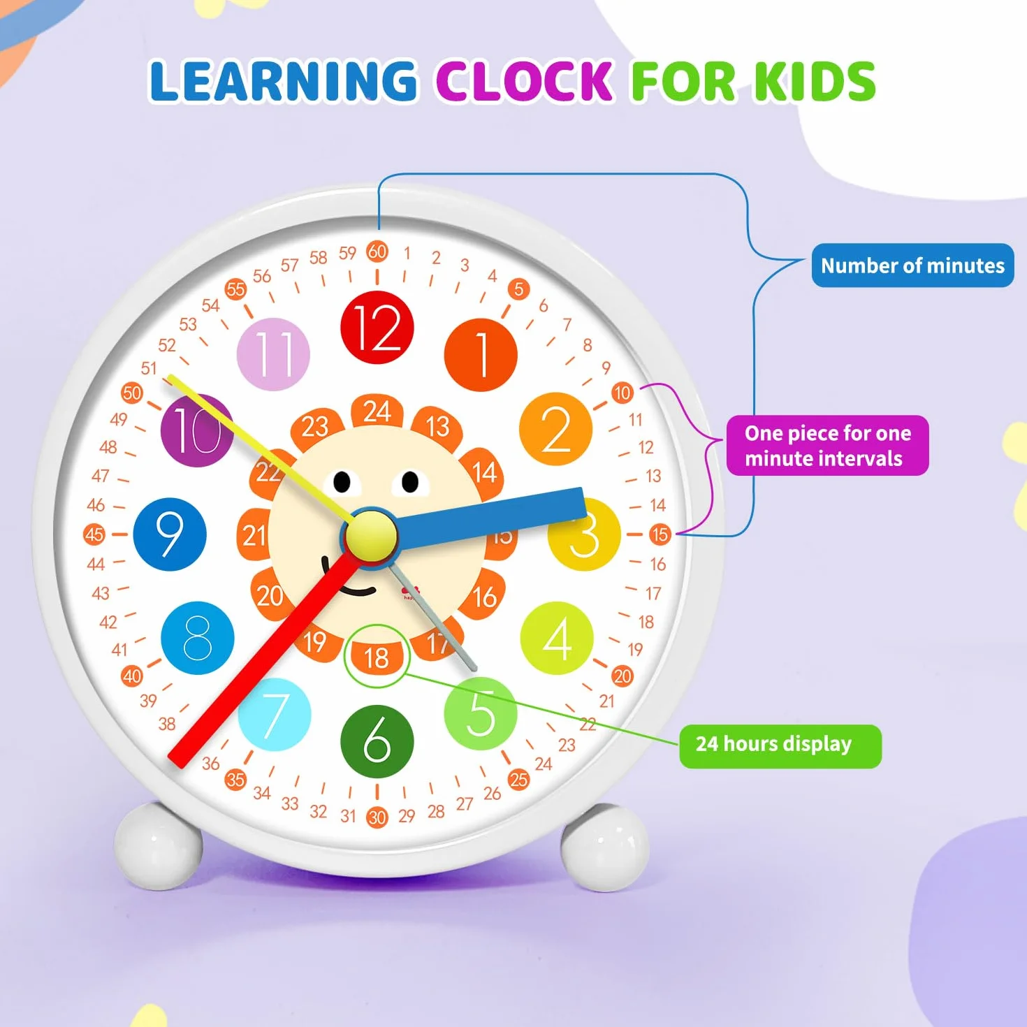 Réveil Enfant Silencieux sans Tic-Tac Analogique pour Apprentissage Horloge Éducative Garçons Filles Facile à Lire Cadeau Noël Anniversaire