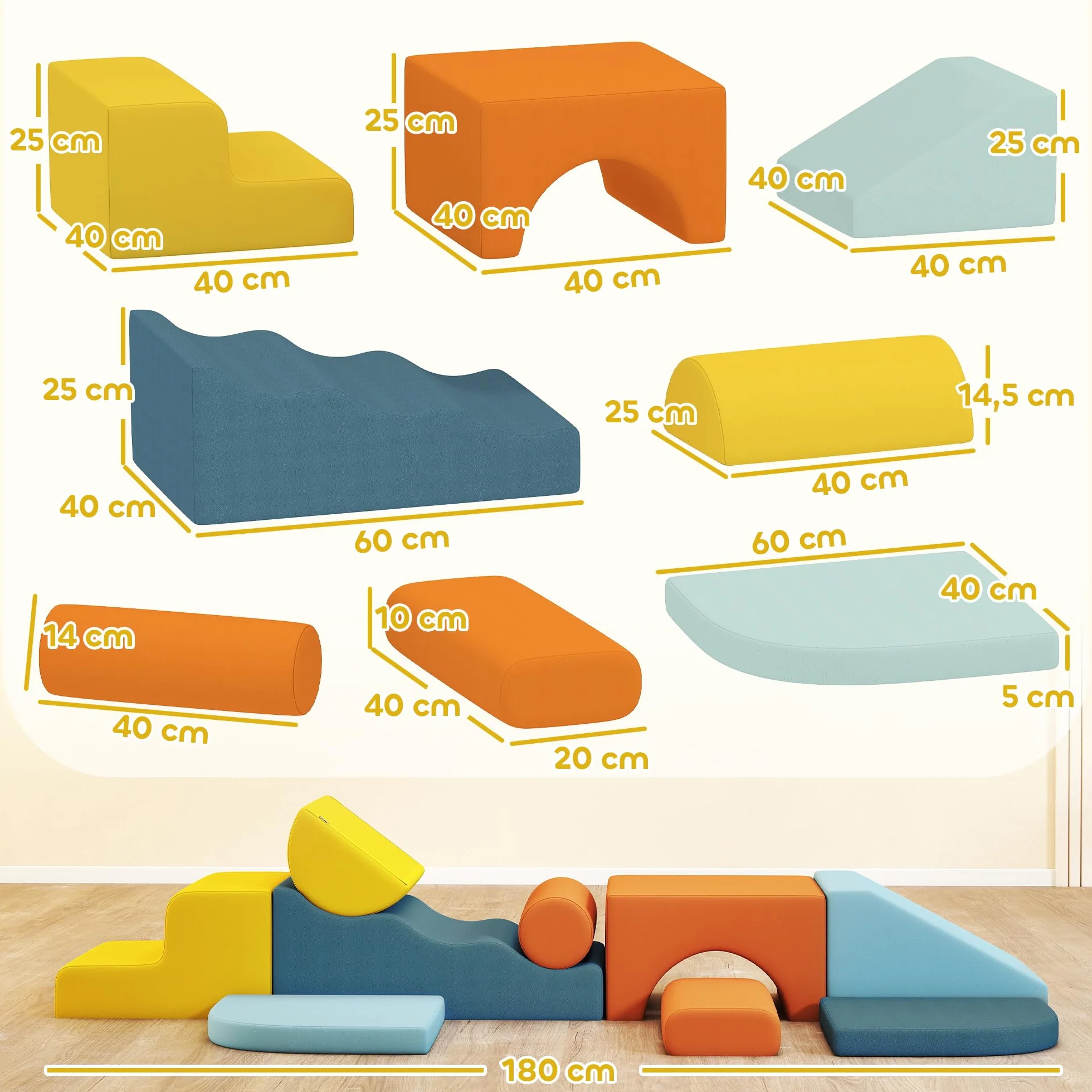 AIYAPLAY Parcours motricité bébé 9PCS, module motricité mousse housse amovible velours, blocs construction jouets éducatifs multicolore