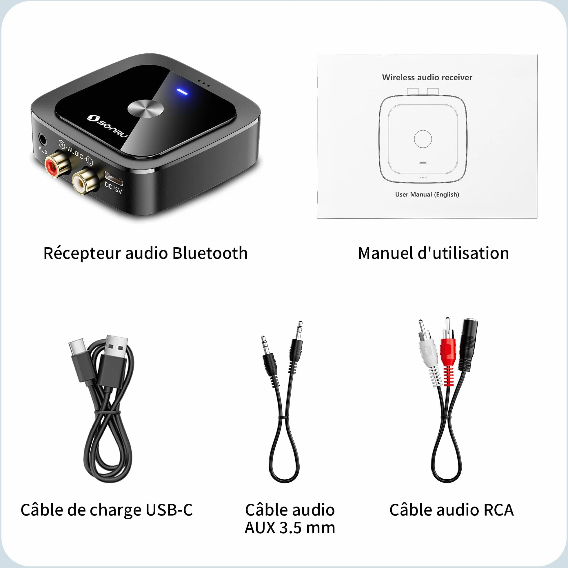 SONRU Récepteur Bluetooth 6.0 Jack Adaptateur RCA pour Chaîne Hi-Fi Voiture 2RCA 3.5mm