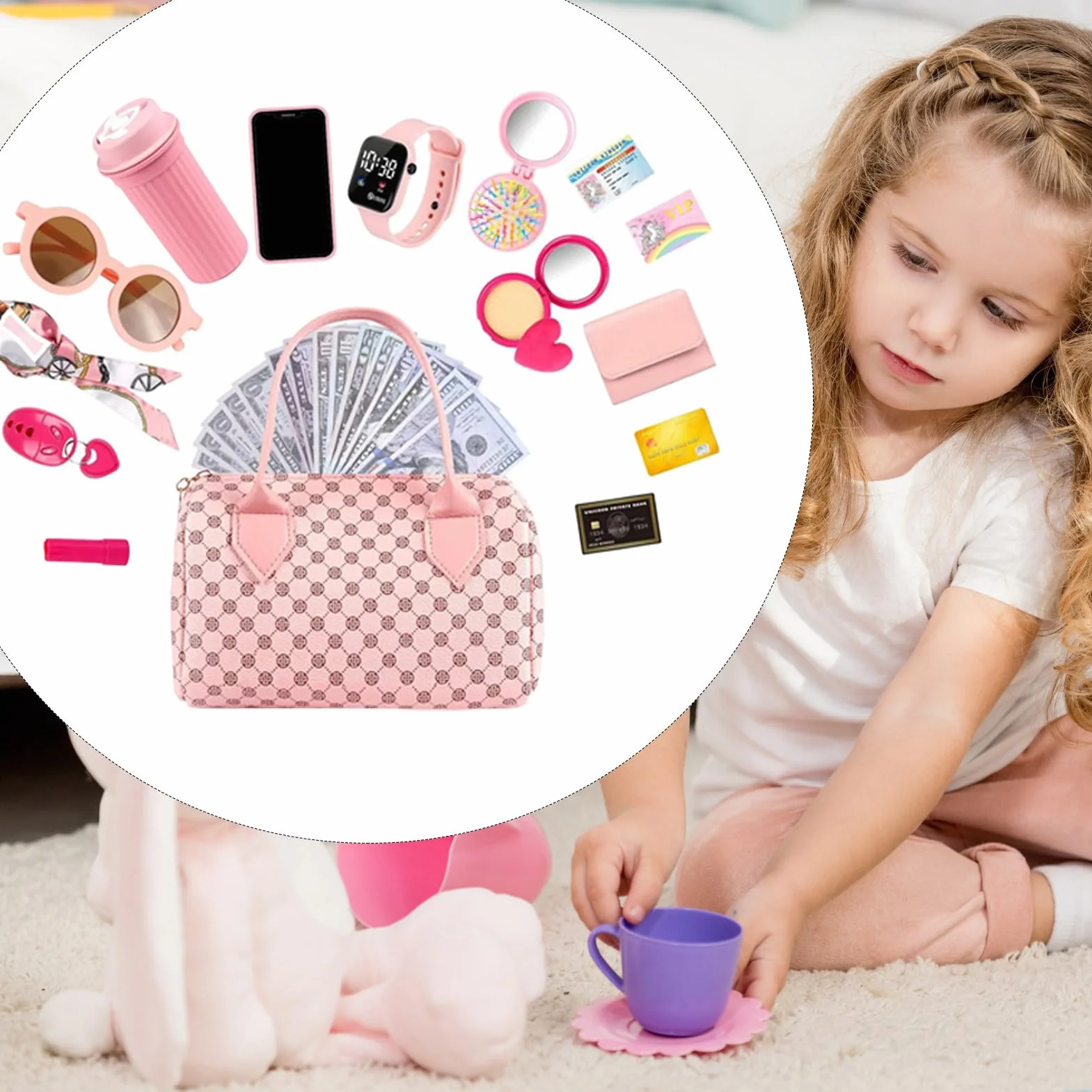 Sac à main pour fille avec accessoires jouet maquillage téléphone portable montre écharpe princesse 3-6 ans 20x11x13 cm