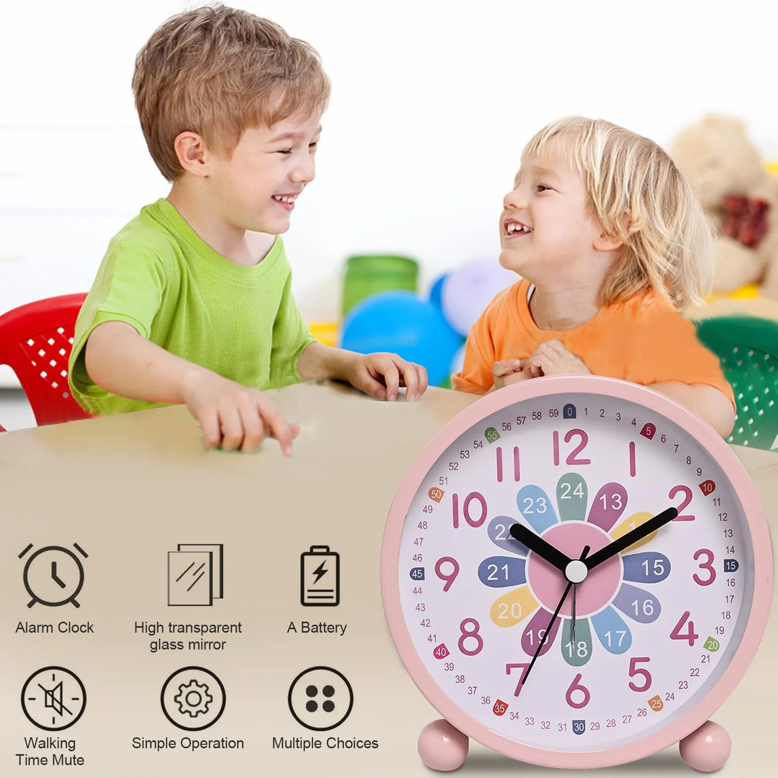 Réveil Numérique Enfants Sans Tic-Tac Éducatif Analogique Quartz Veilleuse Piles Rose