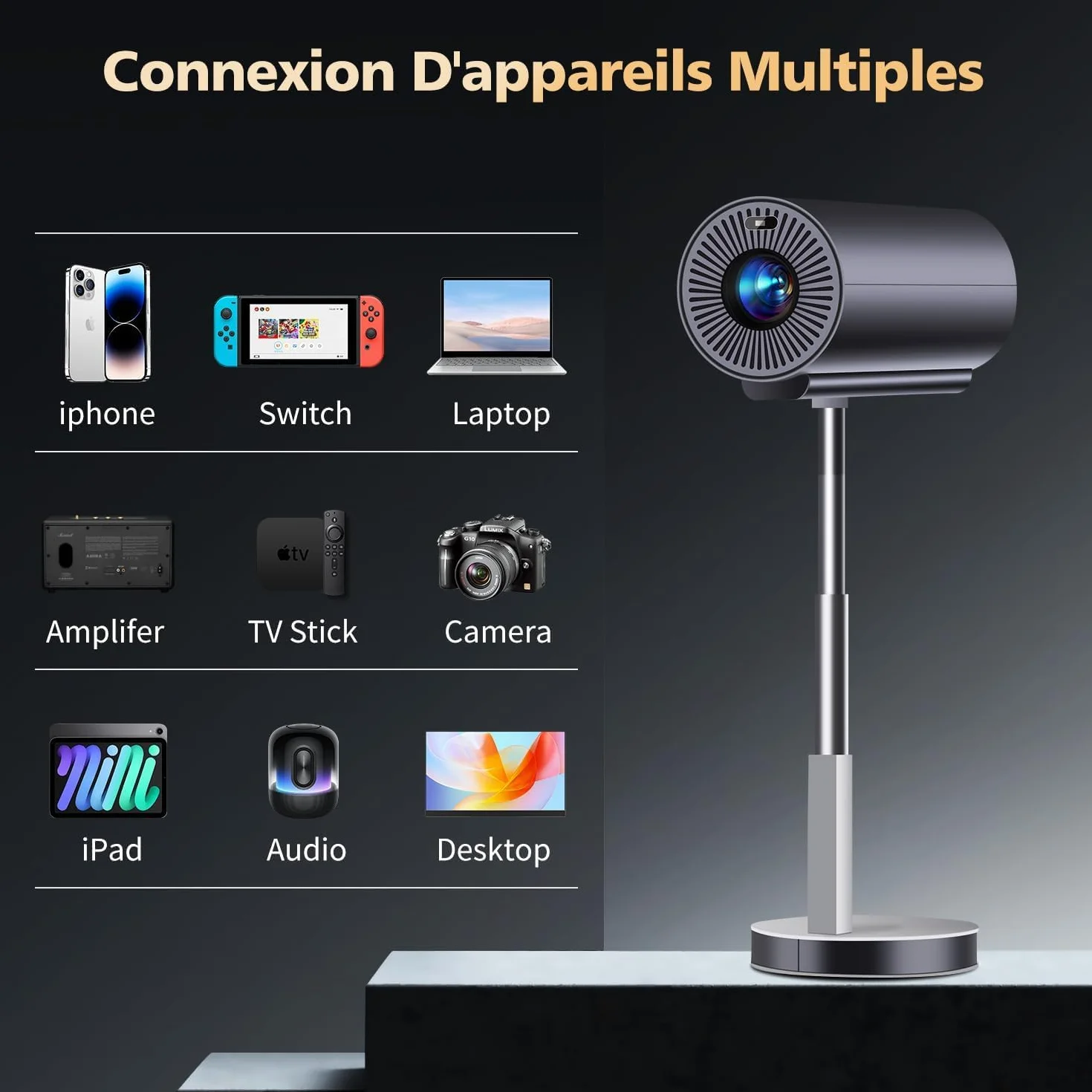 Vidéoprojecteur 4K VGKE Auto Focus Keystone Mini Projecteur Portable WiFi6 Bluetooth Full HD avec Pied Télescopique Rotatif 90°
