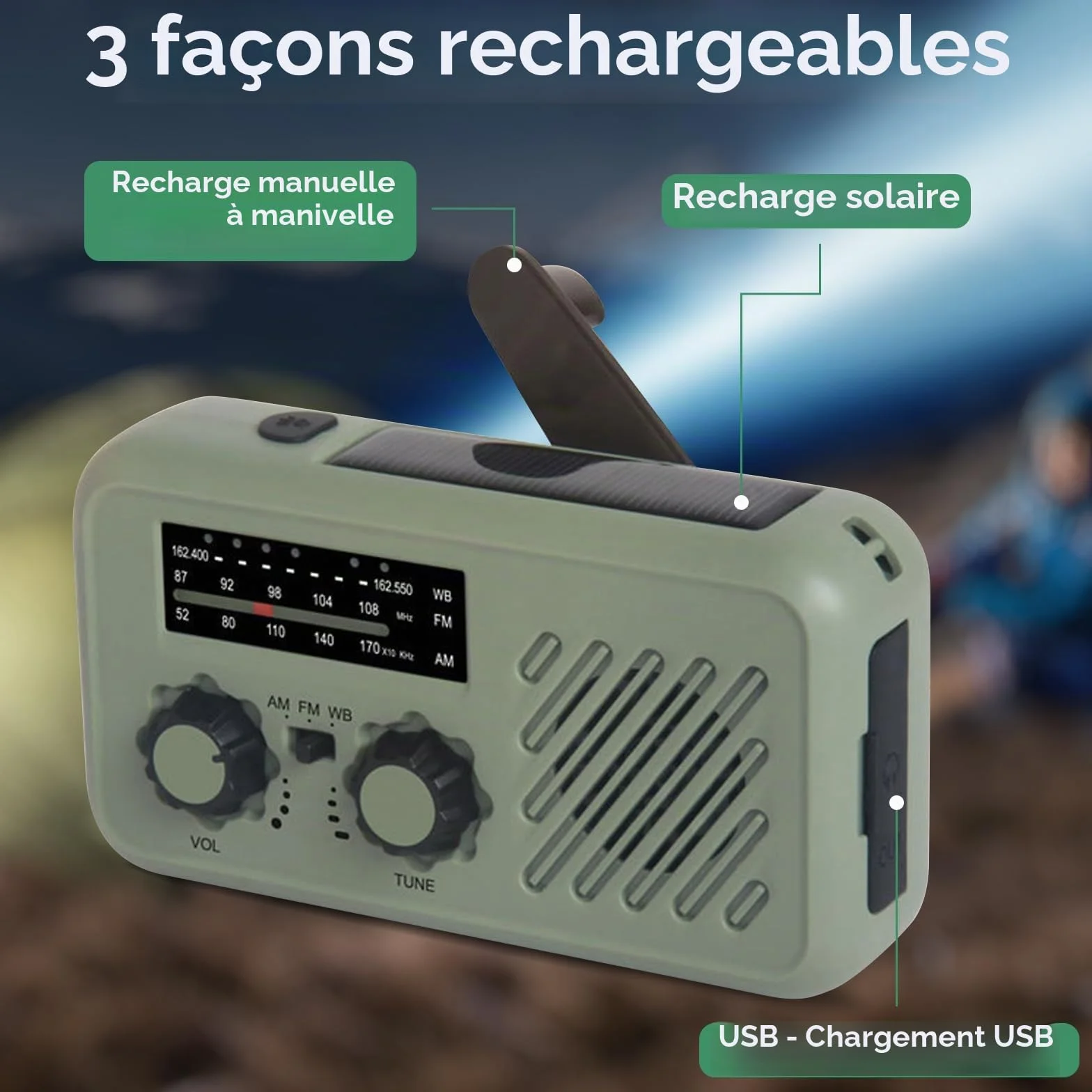 Radio Solaire d'Urgence AM/FM/WB Portable avec Batterie 2000mAh, LED, SOS, Recharge Téléphone