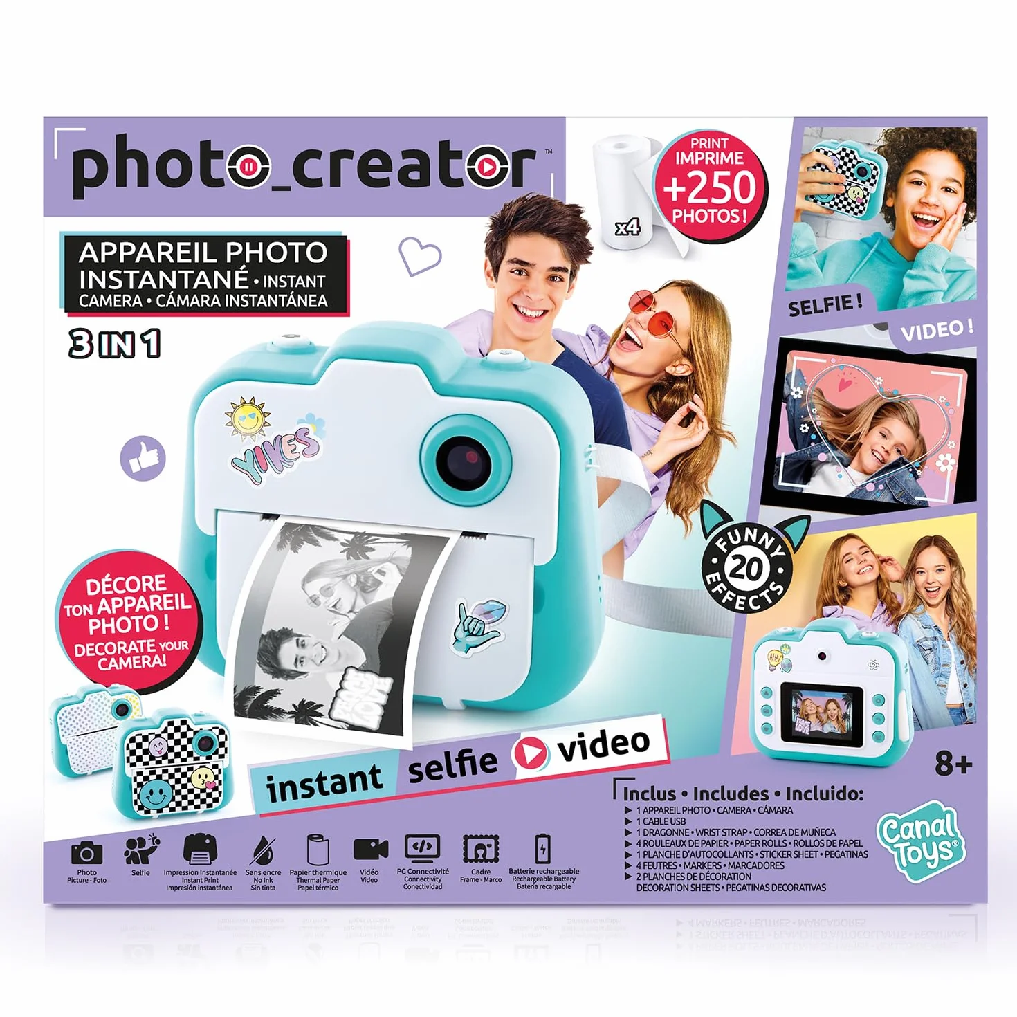Canal Toys Photo Creator Appareil Photo 3 en 1 à Impression Instantanée Turquoise 2 Modes Selfie Caméra Vidéo Enfant 8 Ans+ 4 Rouleaux 250 Clichés CLK 001