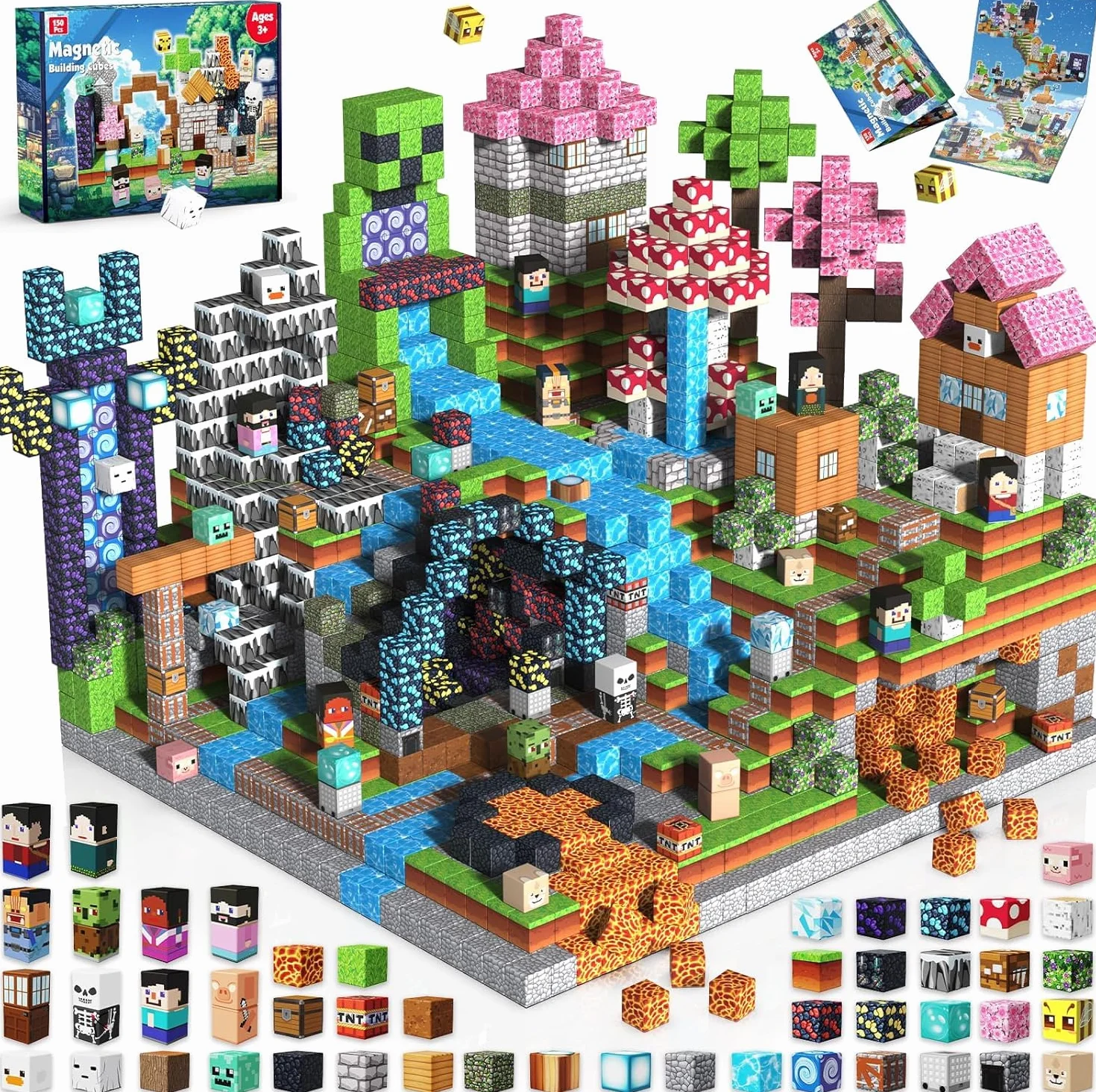 150 Pièces de Construction Magnétique Enfant Aventure Cubique Blocs Aimantés avec Squelettes Rails Famille Jeu Éducatif Voyage 4-7 Ans
