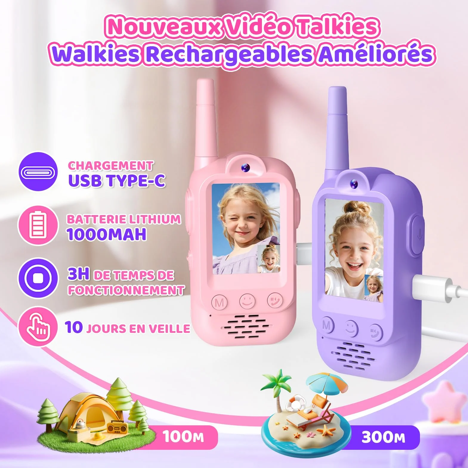 iKidiki Talkie Walkie Enfants Rechargeable, Cadeau Fille 3-8 Ans Video Jouet