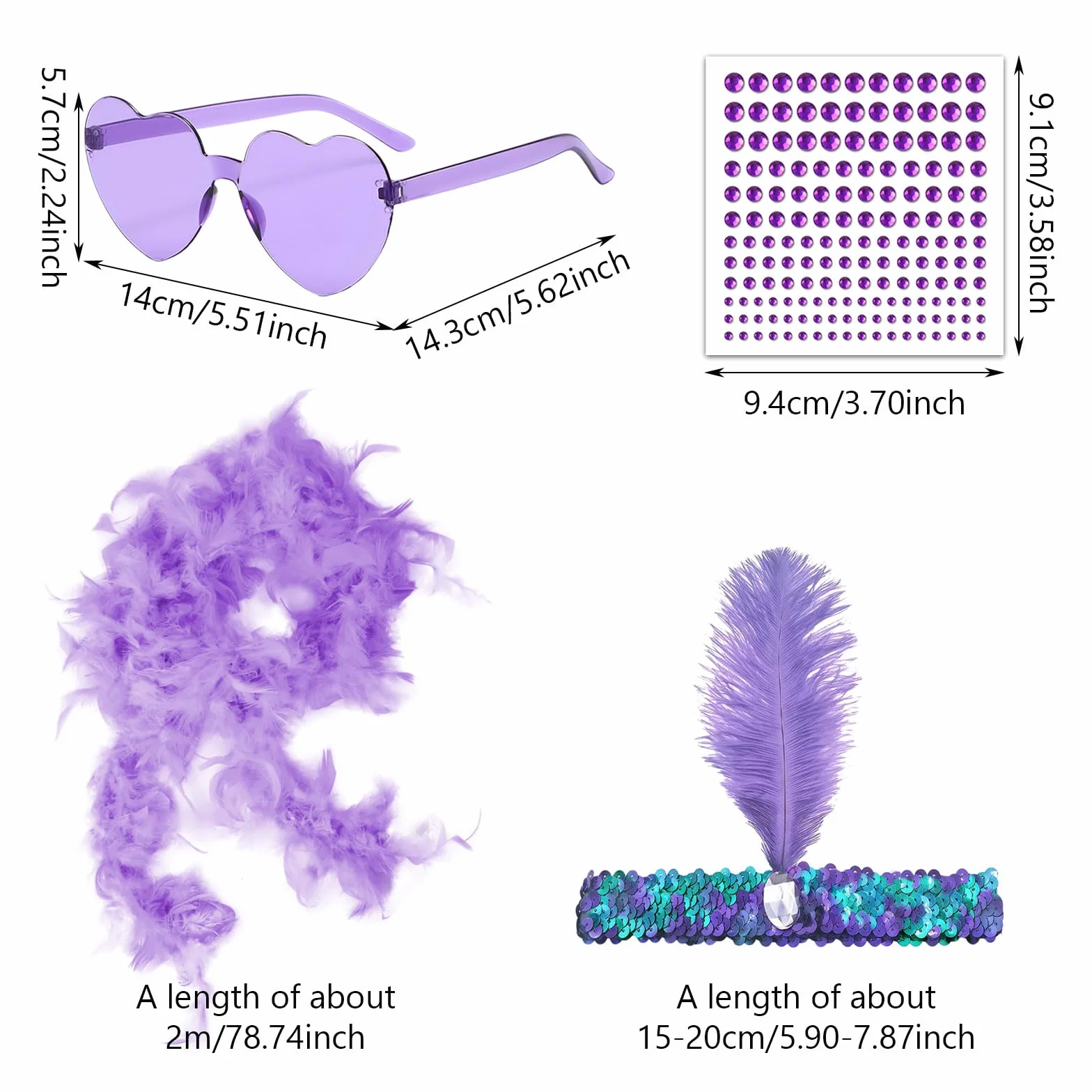Boa à Plumes en Forme de Cœur, Lunettes de Soleil Sans Monture Strass, Bandeau Cheveux pour Halloween Noël Cosplay