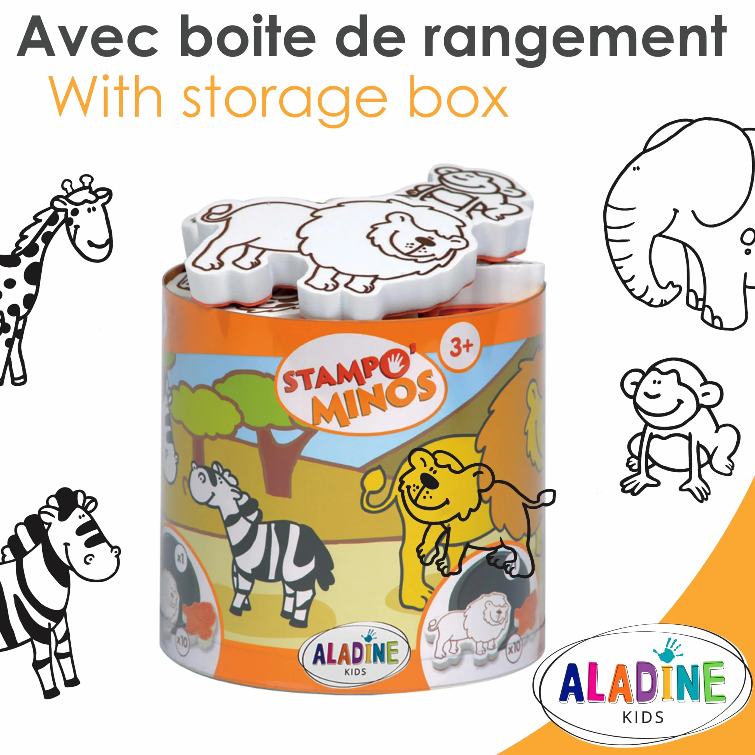 Aladine Stampominos 10 Tampons Animaux de la Savane Encre Lavable Enfant dès 3 ans Lion Girafe Éléphant