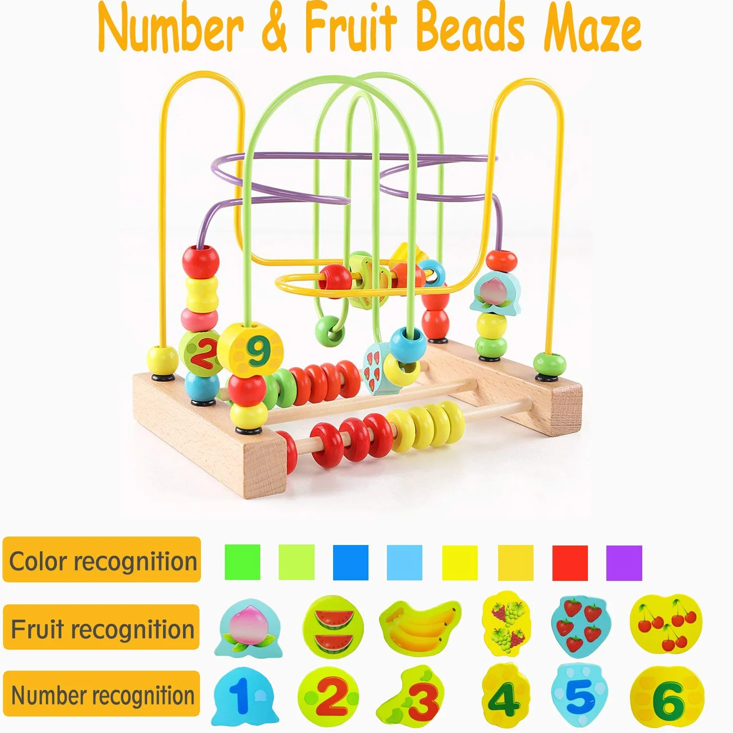 Jacootoys Bois Labyrinthe de Perles Coloré Fruit Boules Boulier Circuits de Motricité Educatif Jouet pour Bébé