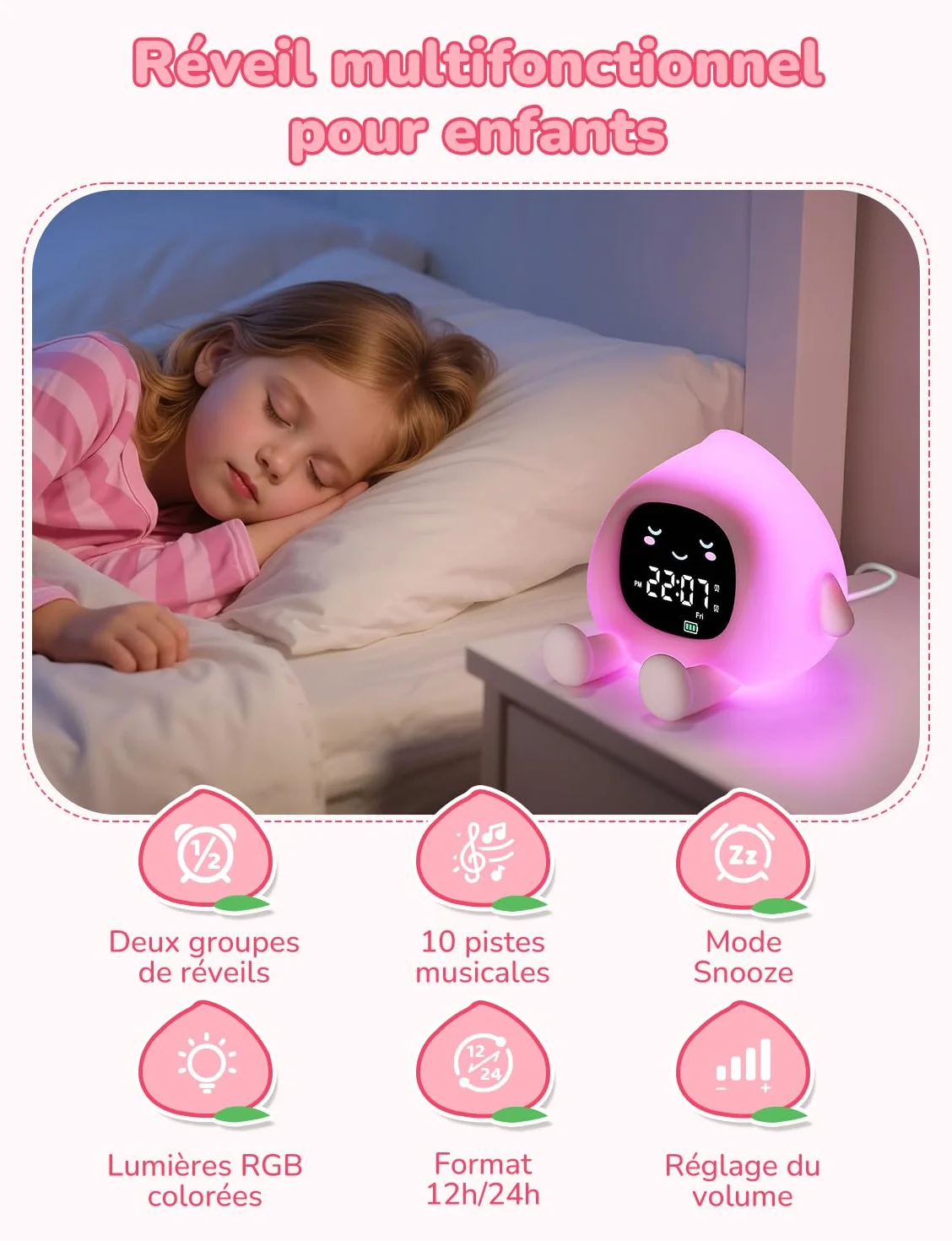 YISSVIC Réveil Enfant Educatif Jour/Nuit 2 Alarme Luminosité Réglable 12/24 Heure Snooze Lumineux 7 Couleurs 30s Arrêt Automatique 10 Chansons Bruit Blanc