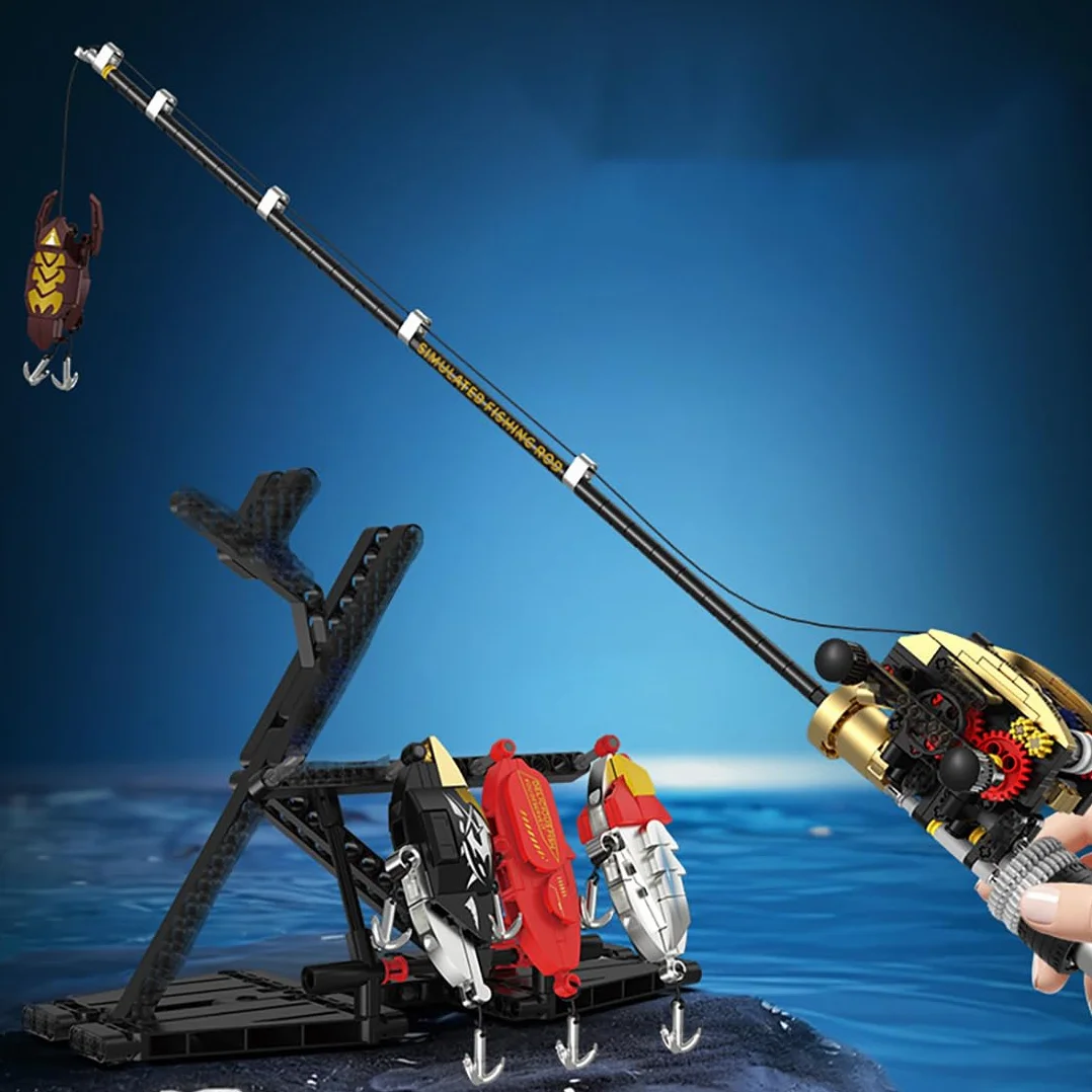 Canne à Pêche Maquette Blocs de Construction 425 Pièces Moulinet de Pêche avec Leurres Kit Jouet pour Adultes