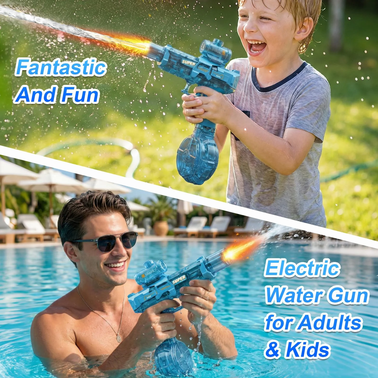 Pistolet à Eau Électrique pour Enfants, Longue Portée, avec Lampe LED, Jouet de Piscine, Cadeau (Noir)