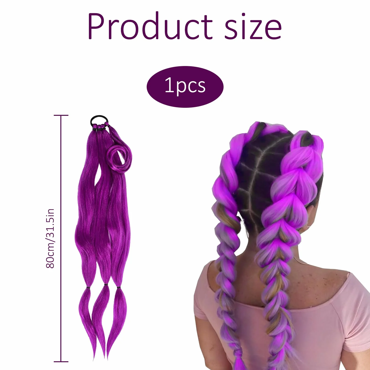 Perruque Violette Enfant 80 cm Tressée Kpop Cosplay Halloween