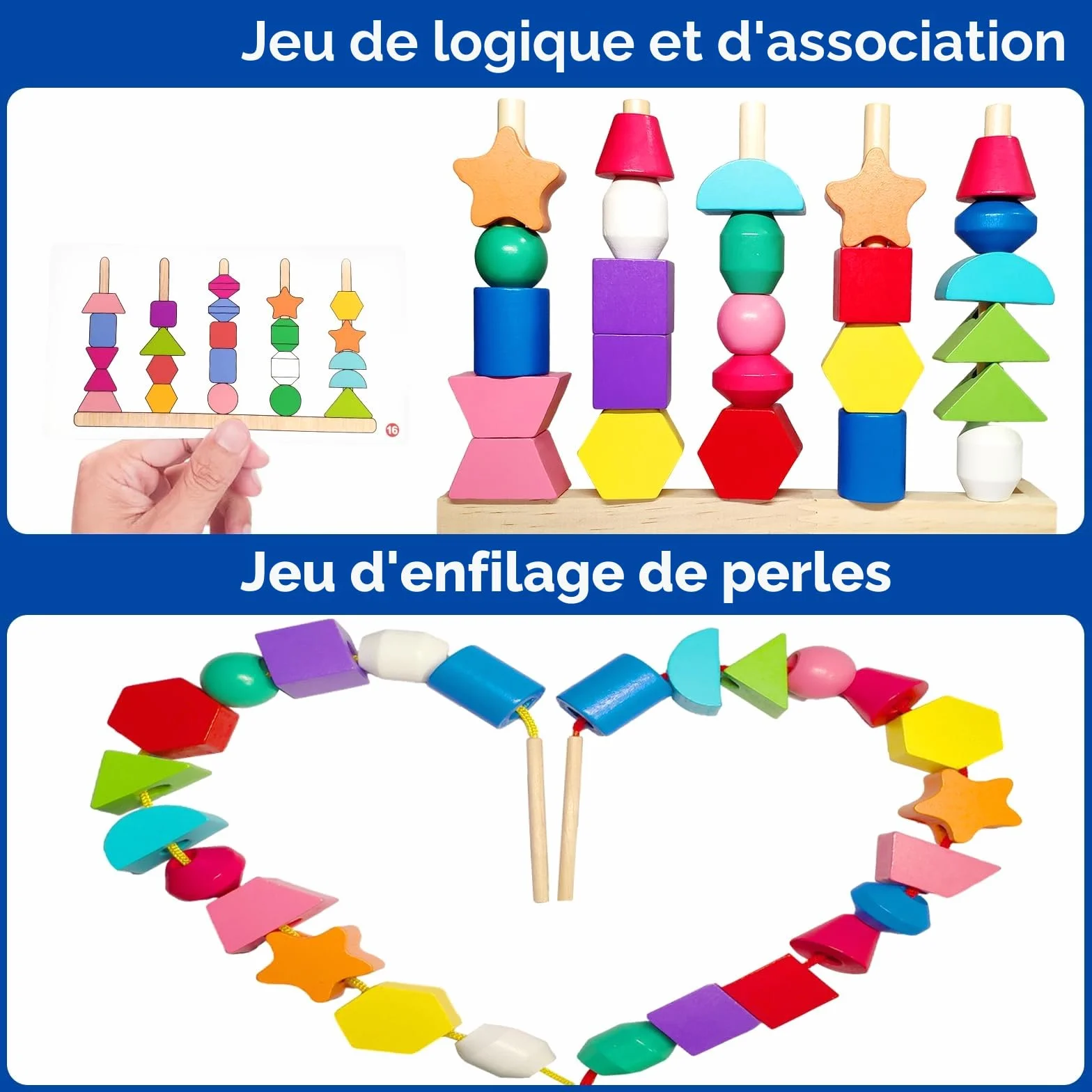 Jeux Montessori 3 en 1 Jouets de Perles de Laçage en Bois, Empilable et Enfiler, Tri, Éducatif 2-5 Ans