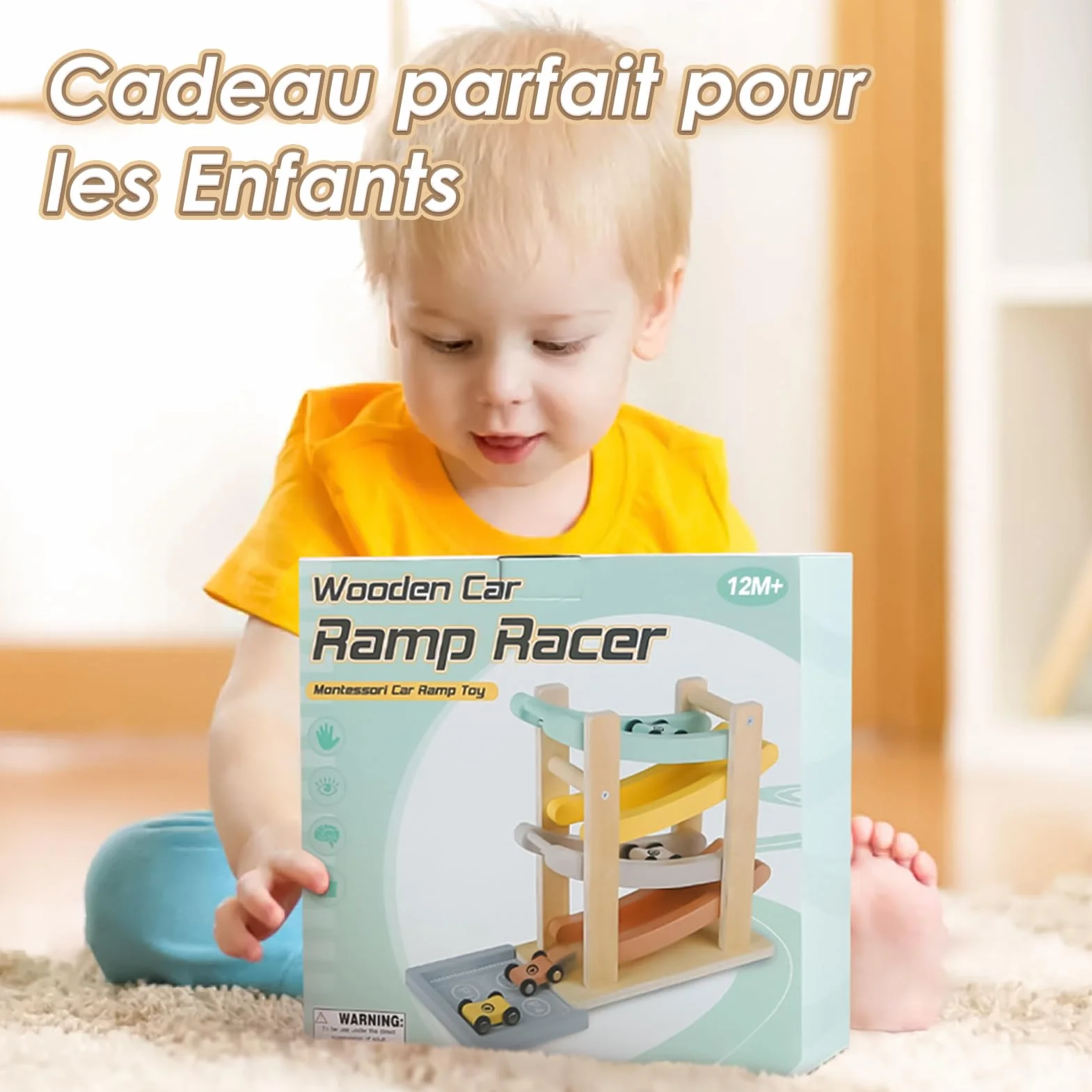 Vanplay Jouet Garcon 1 Ans Jouet Voiture Bebe Jouet en Bois avec 4 Mini-Voitures et Garage, Cadeau Enfant 1 2 Ans