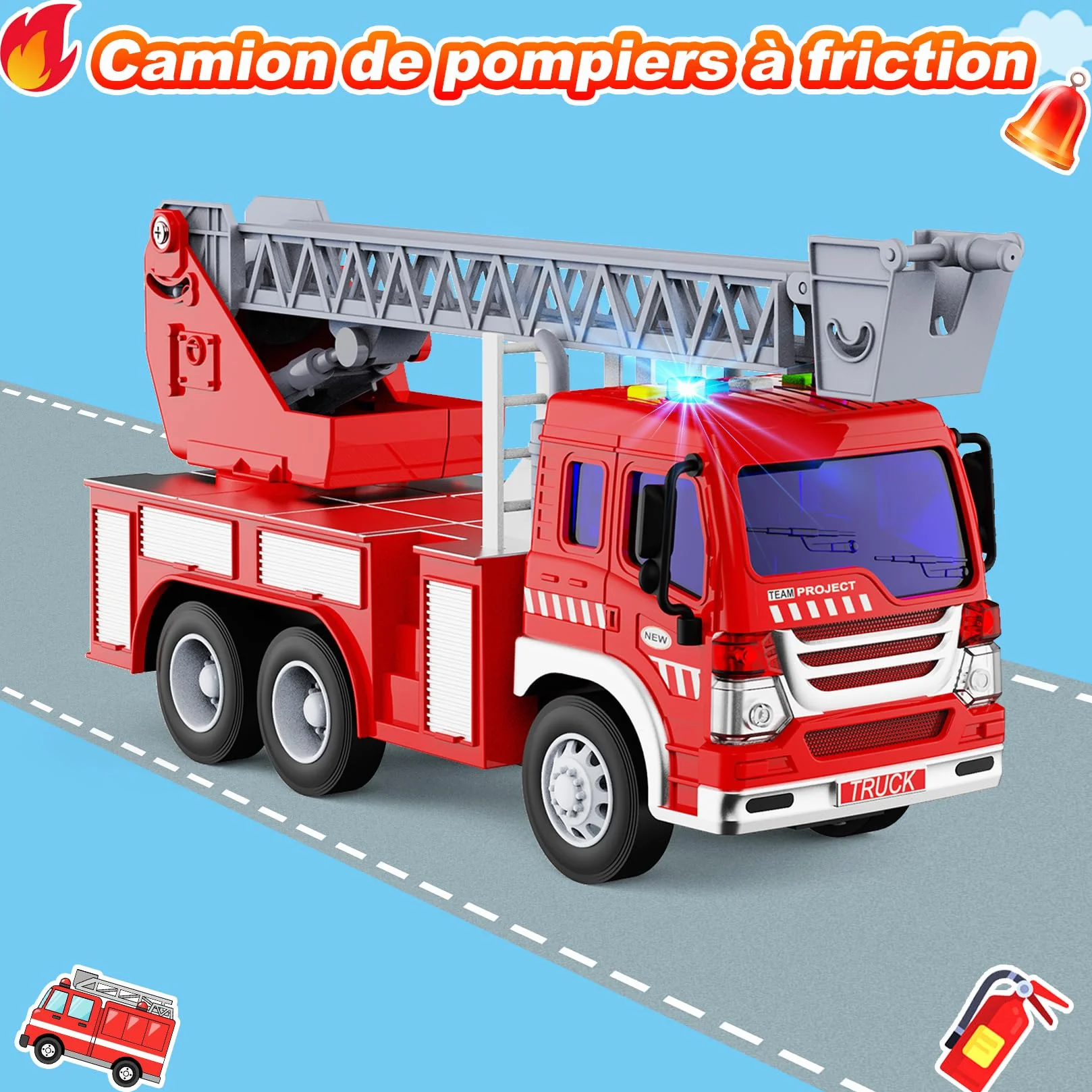 Gros Camion Pompier Jouet XXL avec Échelle Sonore et Lumineux, Fire Truck Cadeau Anniversaire Enfant 3-8 Ans Rouge