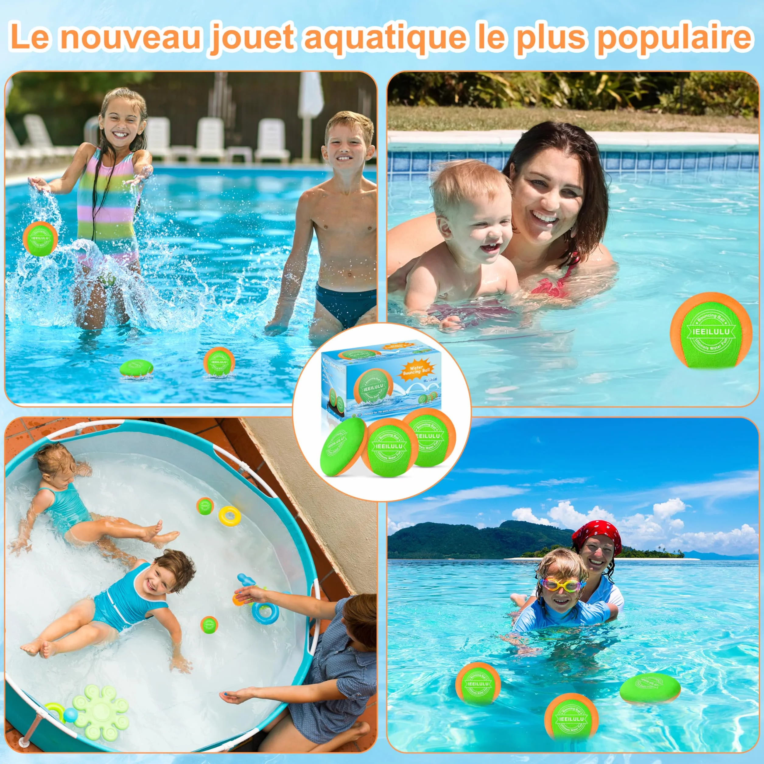 IEEILULU Boule d'eau Rebondissante 3PCS Water Bouncing Ball Jeux d'eau Exterieur Lycra doux Séchage Rapide Jouet Piscine Plage Bleu