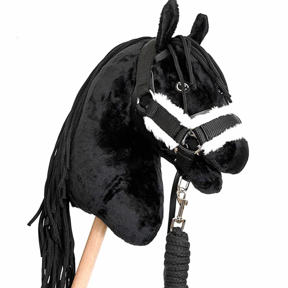 Ensemble d'accessoires Noir et Rose pour Hobby Horse et Cheval bâton : Licol moumoute avec Longe, Couverture, Bonnet Anti-Mouches