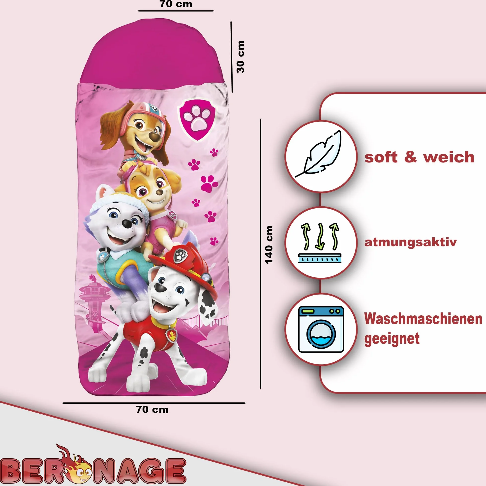 BERONAGE Paw Patrol Sac de couchage enfant Rose 140x70 cm Toutes saisons Garnissage fibre synthétique