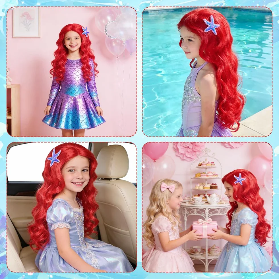 Perruque Sirène Longue Rouge Bouclée pour Fille Costume Halloween Carnaval