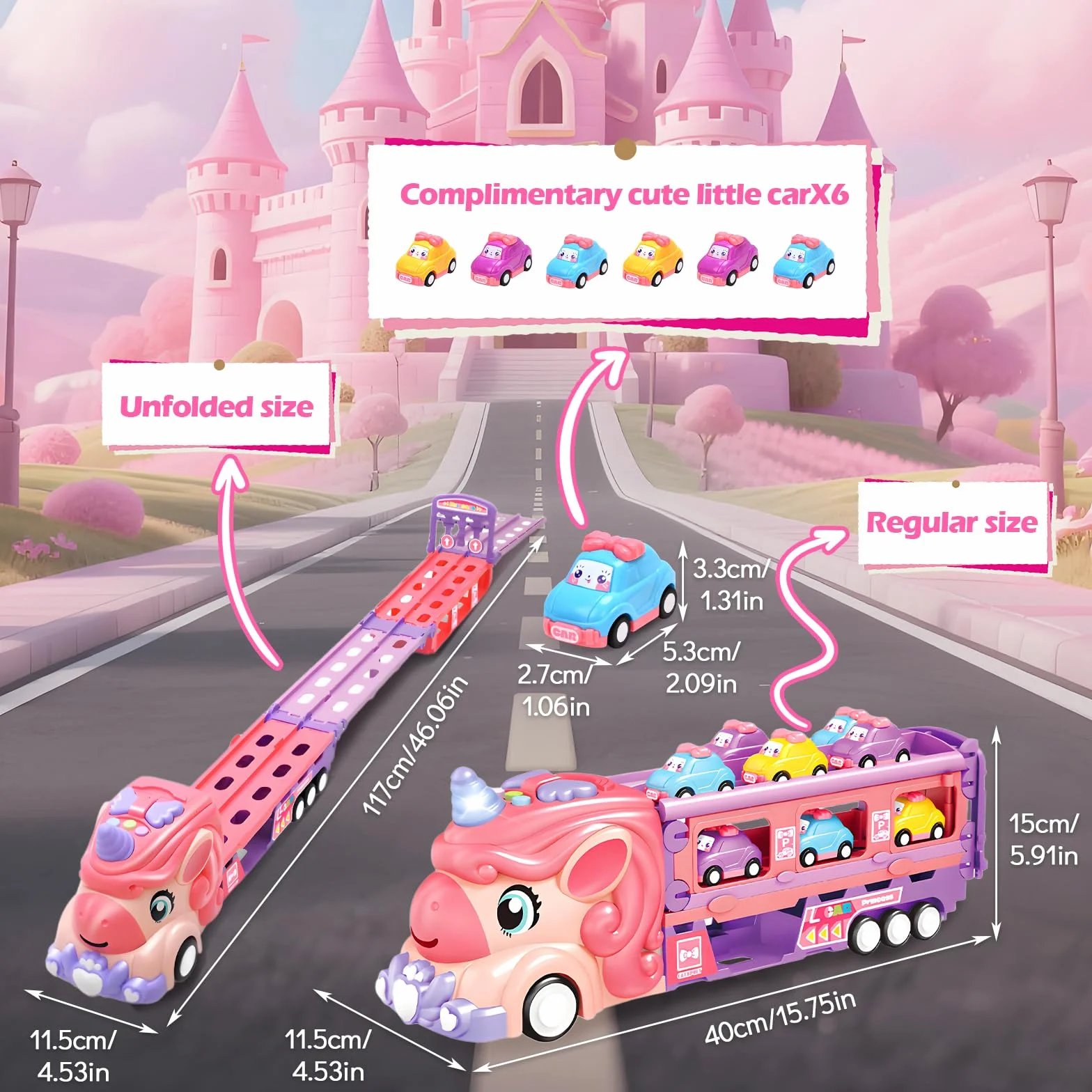RoserRose Camion Licorne pour Fille 2-6 Ans avec 6 Mini-Voitures et Piste de Course, Lumières et Musique, Cadeau Enfant