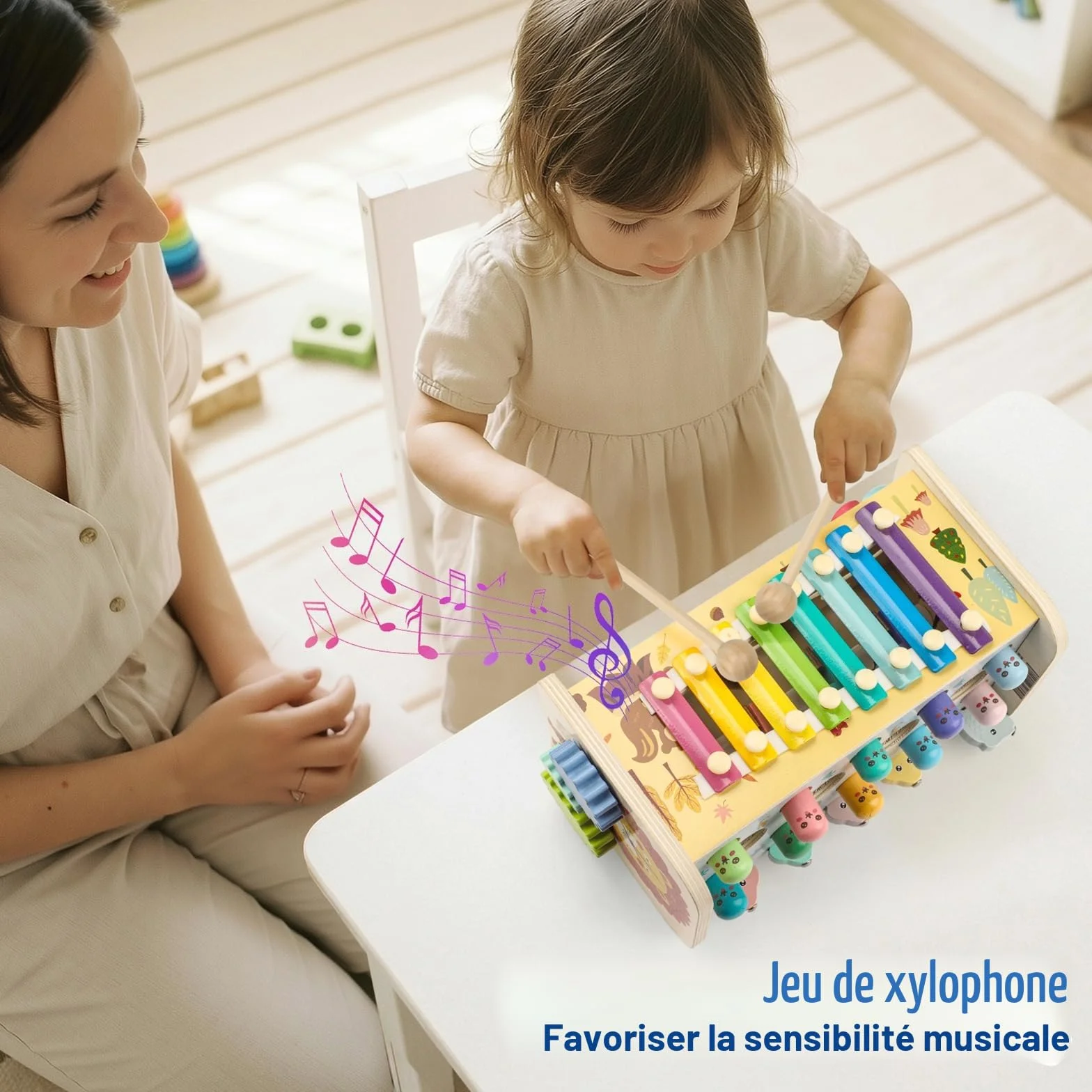 Jouet Montessori Enfant 1 an 9 en 1 Jeux en Bois Bebe Educatif Fille Garcon avec Xylophone Jeu Peche Marteau Jouet d'activite Musicaux Interactif Cadeau Anniversaire 2 Ans
