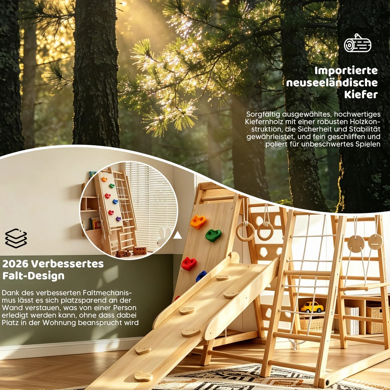 Maxi Cadre d'Escalade Pliable 10 en 1 Montessori en Bois avec Balançoire et Toboggan