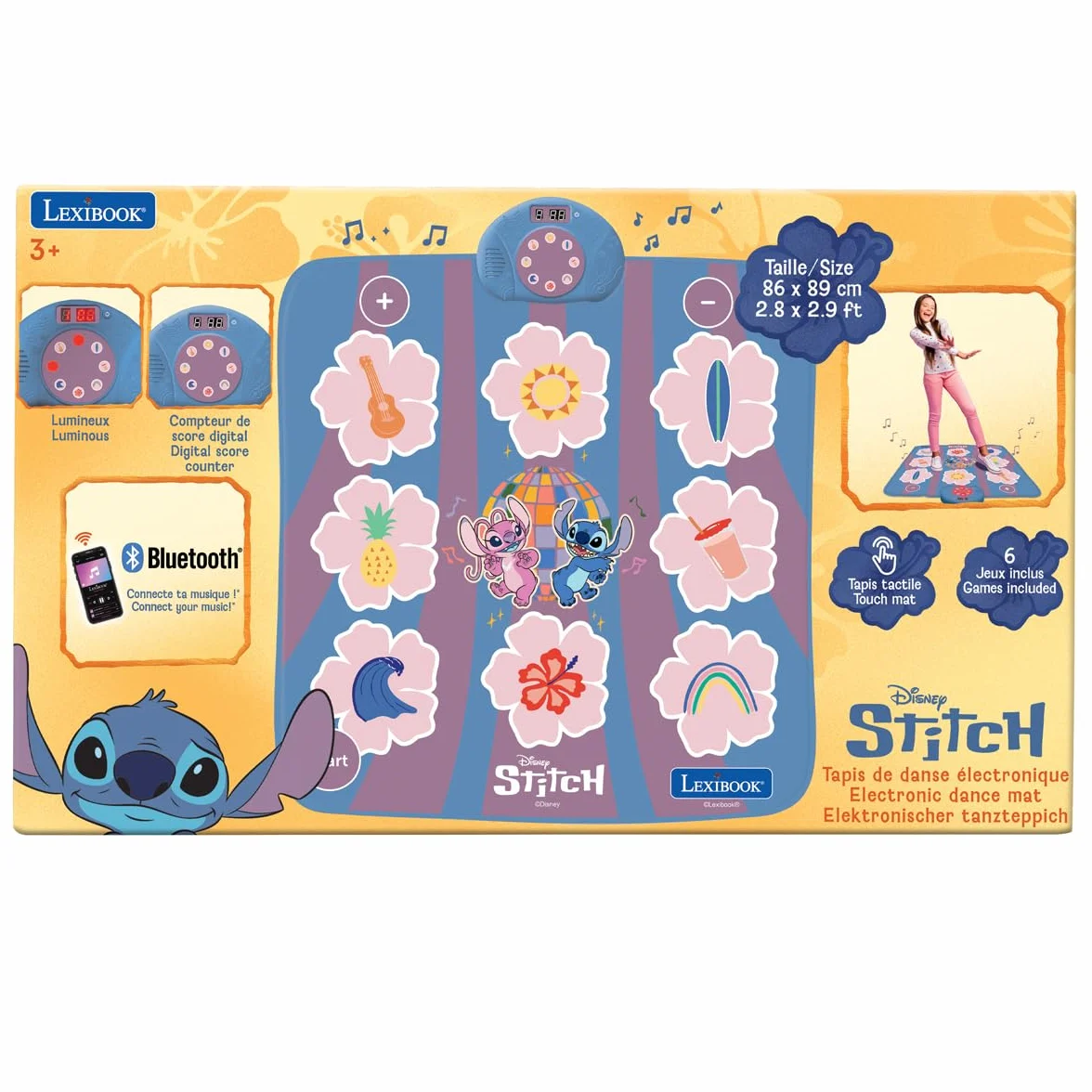 Lexibook Disney Stitch Tapis de Danse électronique Bluetooth Lumineux 6 Modes de Jeu Rose DM10DLXB