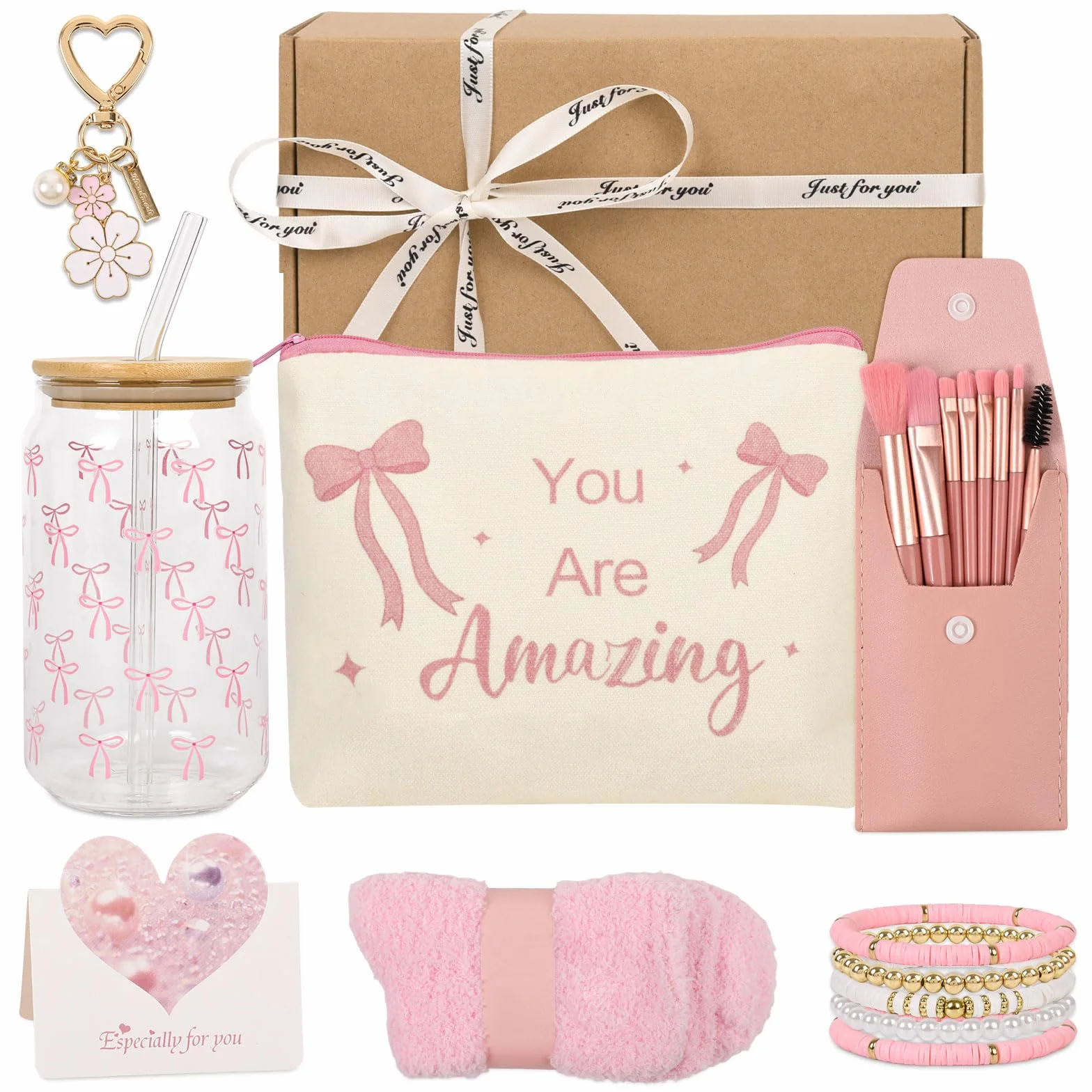 Cadeau anniversaire fille 9-15 ans avec verre paille couvercle pinceau maquillage porte-clés trousse cosmétiques bracelet 5 en 1
