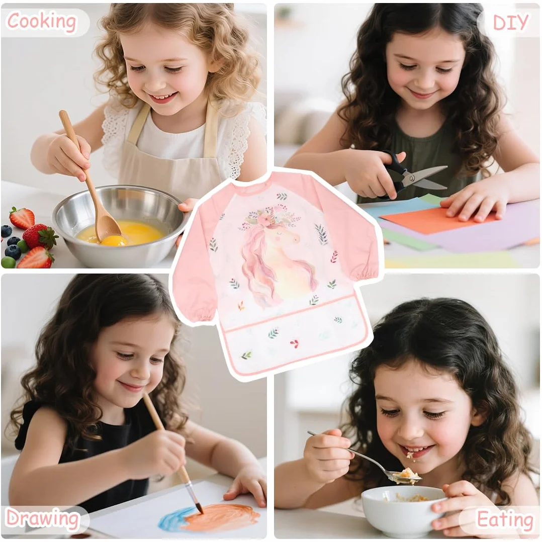 Tablier Peinture Enfant 3-8 Ans Imperméable Manches Longues 3 Poches Licorne Dino Animal