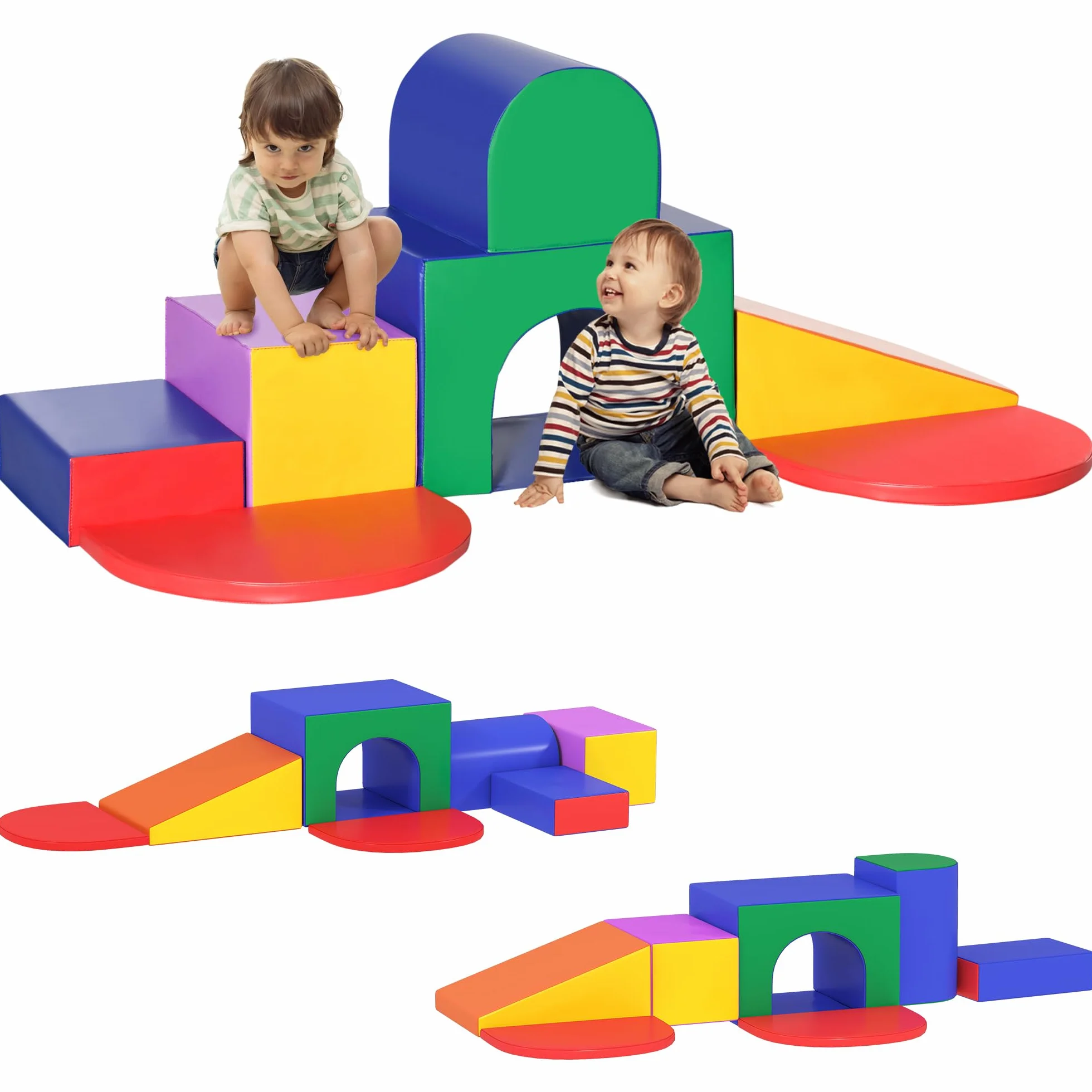 HOMCOM Parcours motricité bébé 7PCS, Jouet d'escalade en mousse, Blocs de construction avec revêtement synthétique, Multicolore