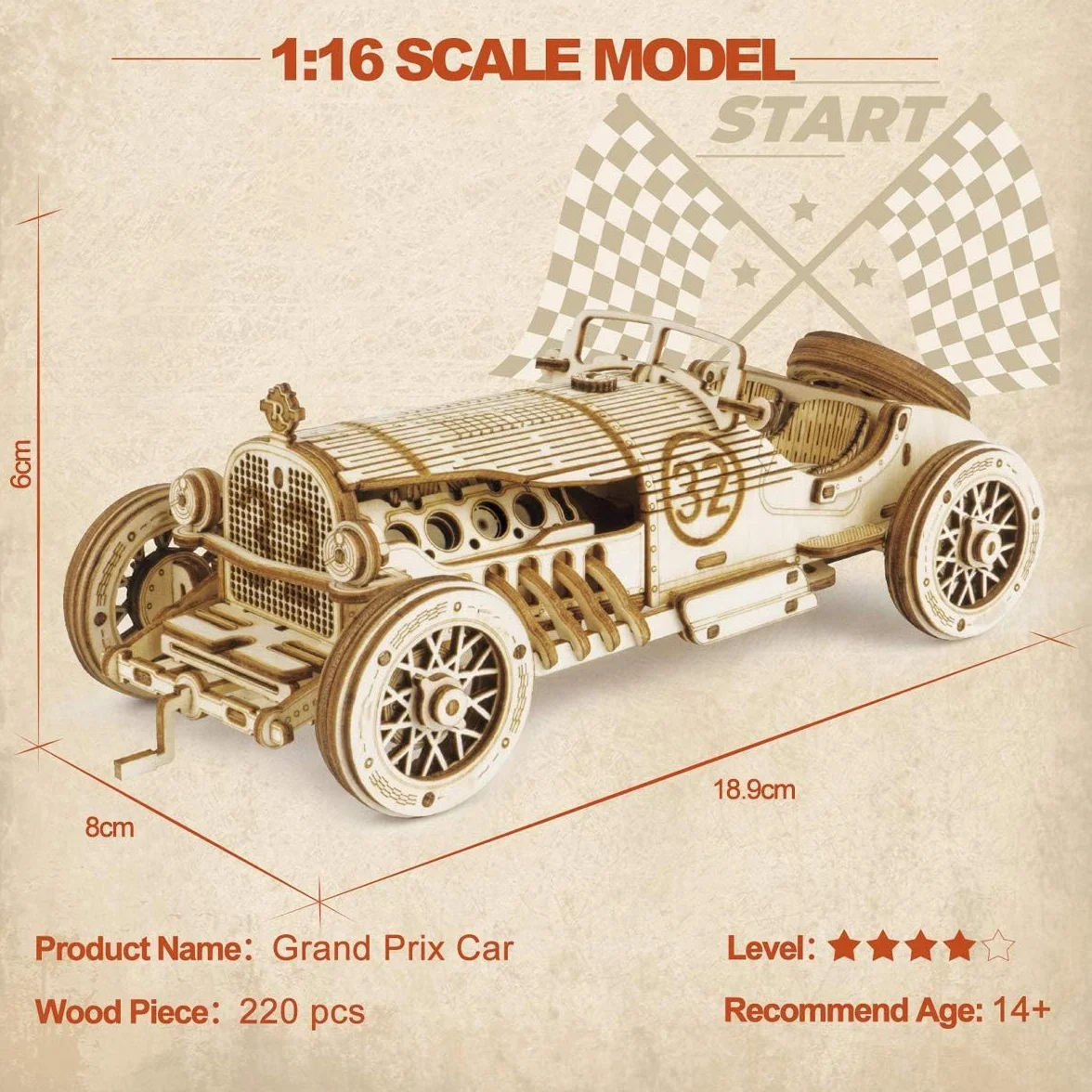 ROKR 3D Puzzle Maquette Bois Mécanique Voiture à Construire Grand Prix