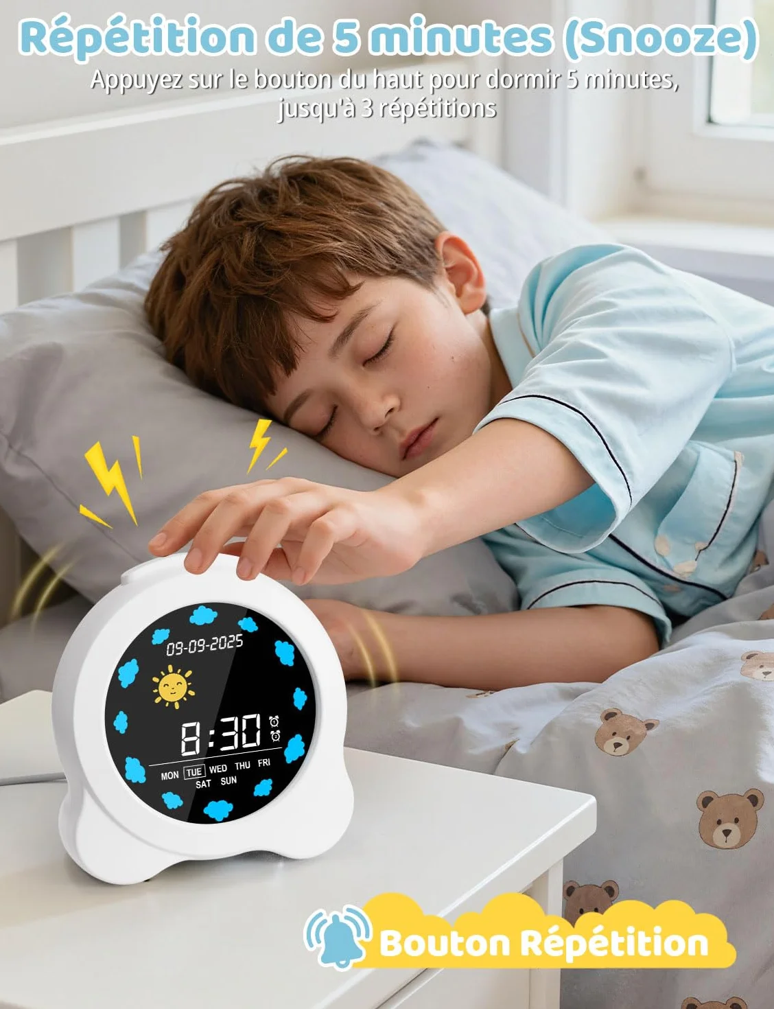 YISSVIC Réveil Enfant Jour Nuit Éducatif 2 Alarmes 12/24 Heure Snooze Luminosité Réglable