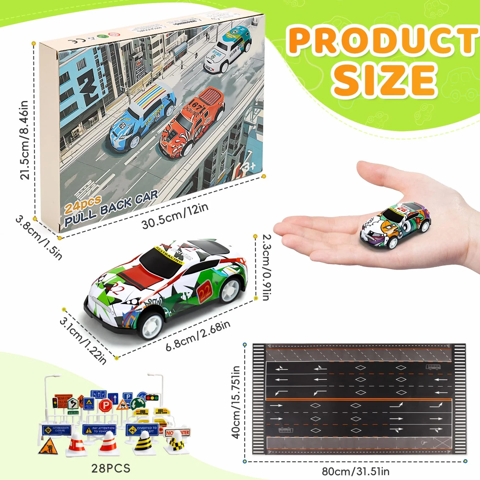 Voitures Jouets en Métal 24 Pièces avec Tapis de Jeu et Barrage Routier 6,8cm Cadeau pour Enfant Garçon 2-8 Ans