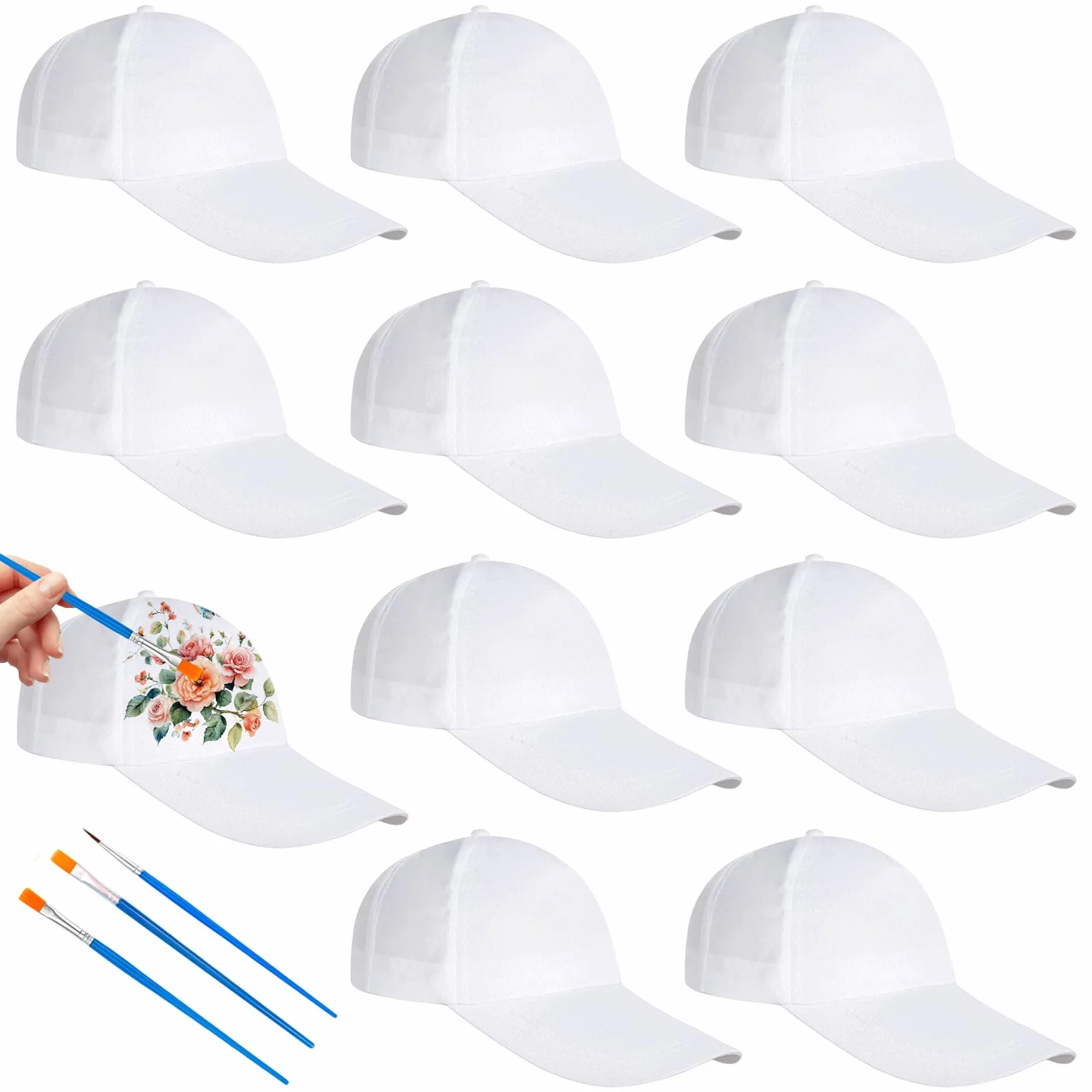 Lot de 10 Casquettes Enfant à Peindre DIY, Casquette Baseball Blanche pour Enfants Garçons Filles