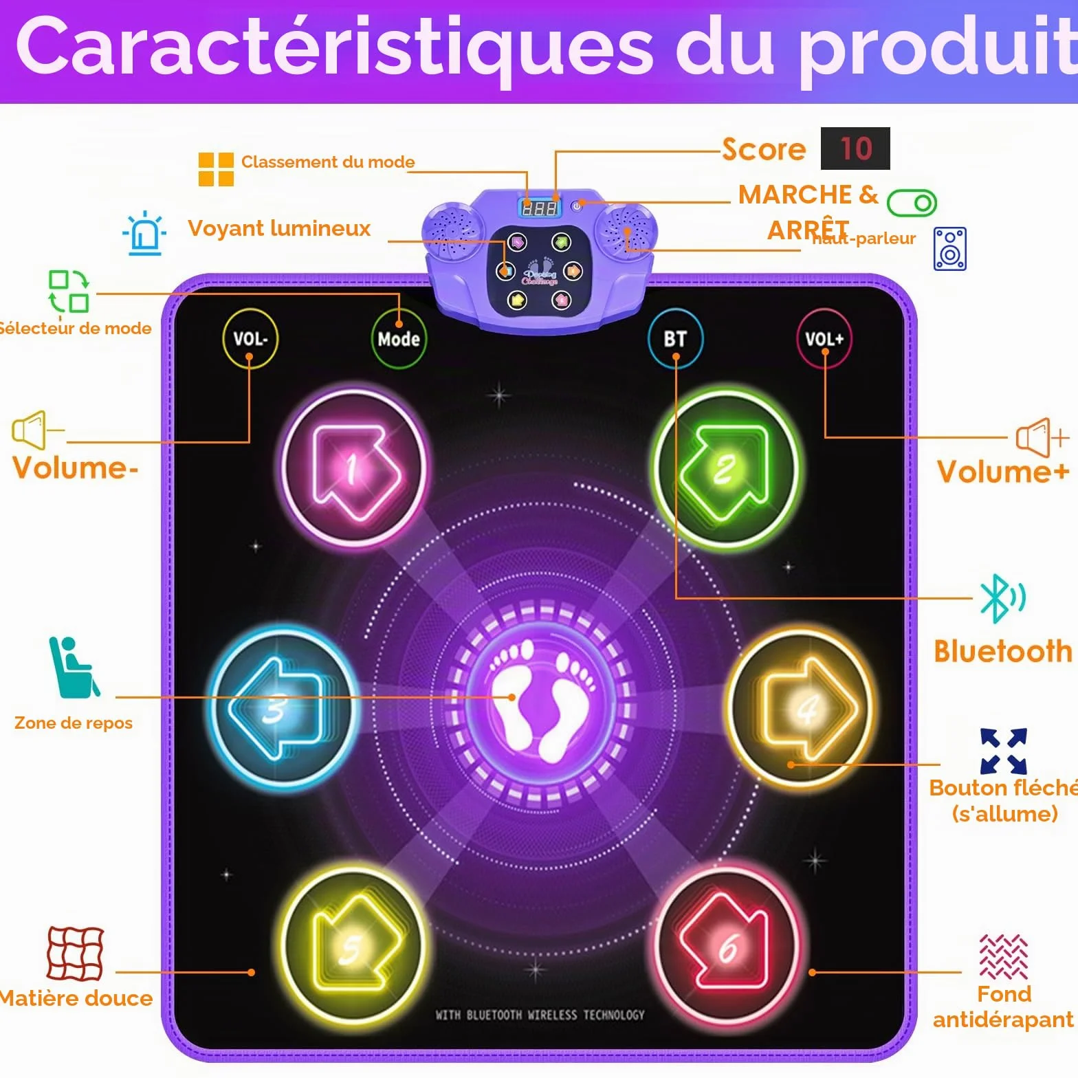 Tapis de Danse pour Enfants GuKKK 6 Flèches de Lumière LED Musique Pad Bluetooth Interactif Cadeau Noël Garçons Filles 3-7+