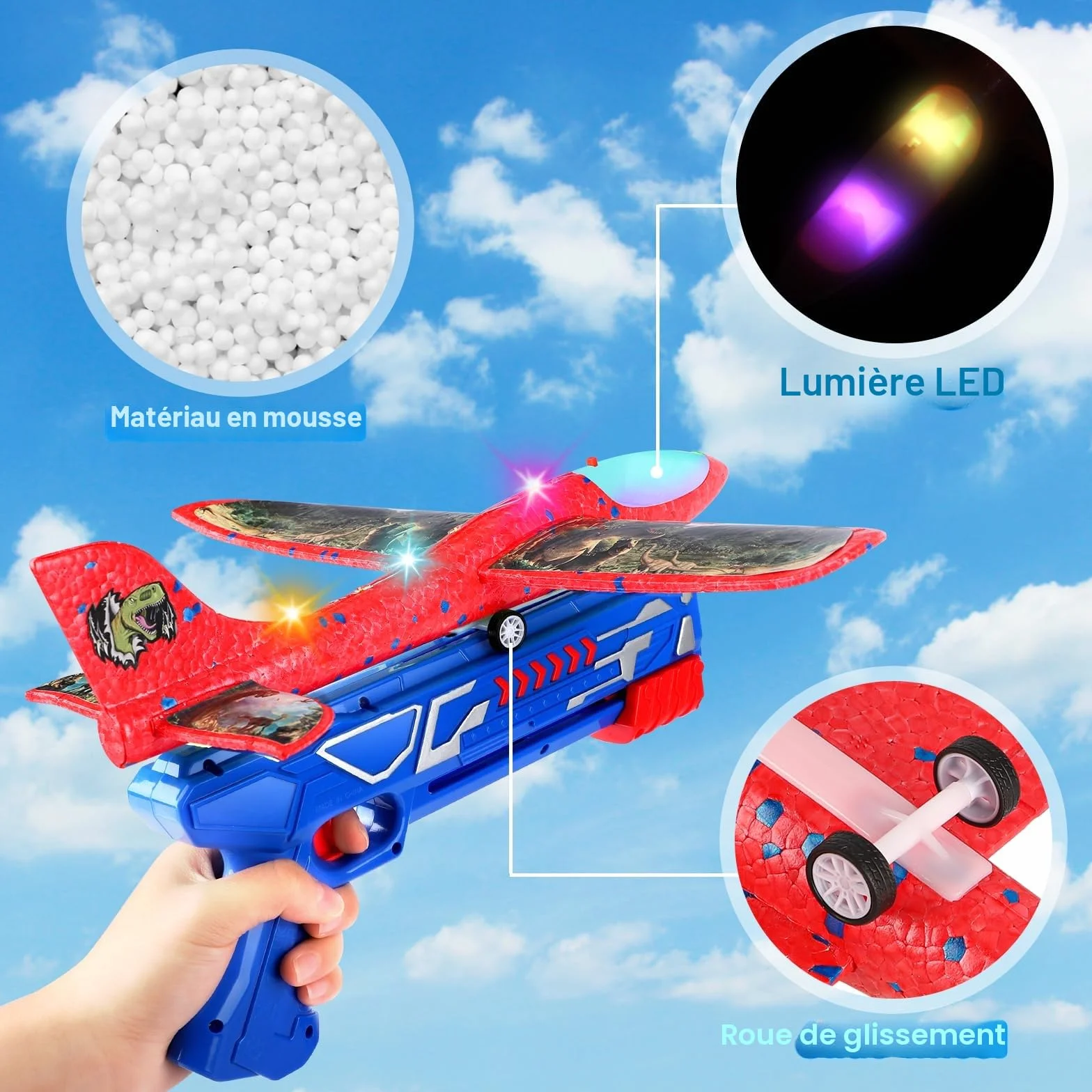 Avion Polystyrene Planeur avec Pistolet Catapulte, 3 Pièces Jouet Volant LED Enfant Exterieur Intérieur Cadeau Garçon Fille 3-10+ Ans