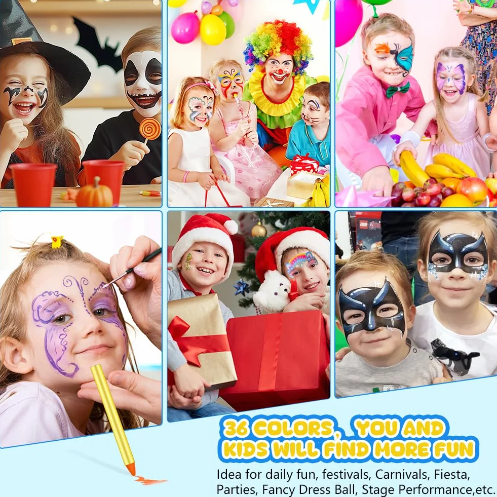 Beugo 36 Couleurs Crayon Maquillage Enfant Visage Peinture avec 30 Pochoirs Non-Toxique Lavable
