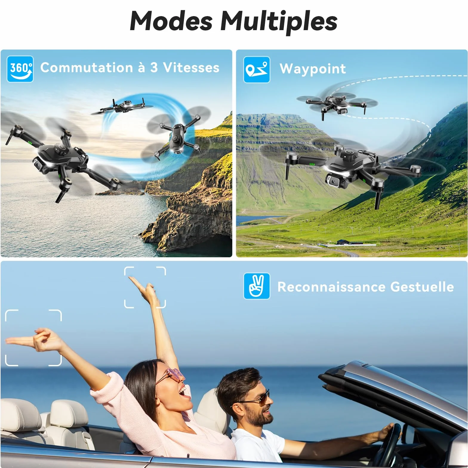 Drone avec caméra 1080p, moteur sans balais, caméra réglable électriquement à 90°, maintien de flux optique, vrille à 360°, 3 batteries, protection d'hélices, drone pour adultes (noir)