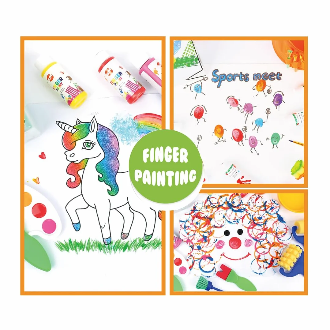 Peinture au Doigt Lavable Non Toxique Kit avec Éponge Pinceaux Palette pour Enfant Apprentissage Précoce