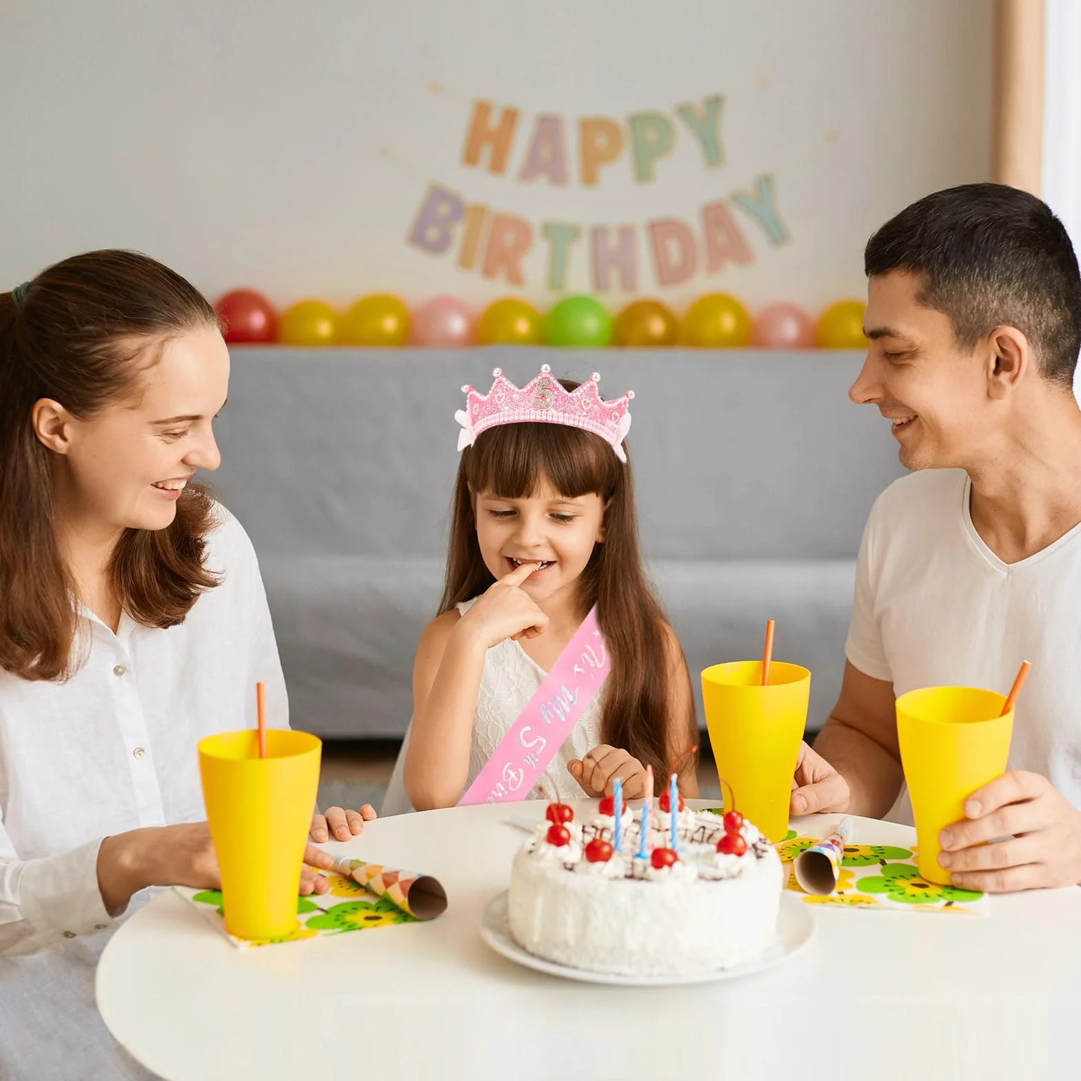Couronne Anniversaire Fille avec Perles Roses et Écharpe, Ceinture Réglable, Bandeau Princesse