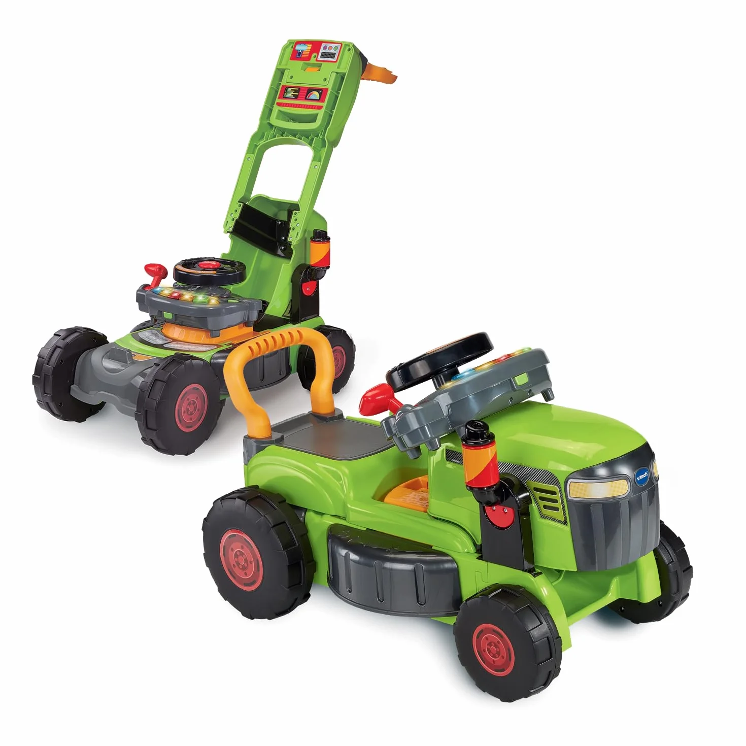VTech Super Tracteur Magi Tondeuse Vert 3 en 1 Porteur Pousseur Bébé Jouet d'Éveil