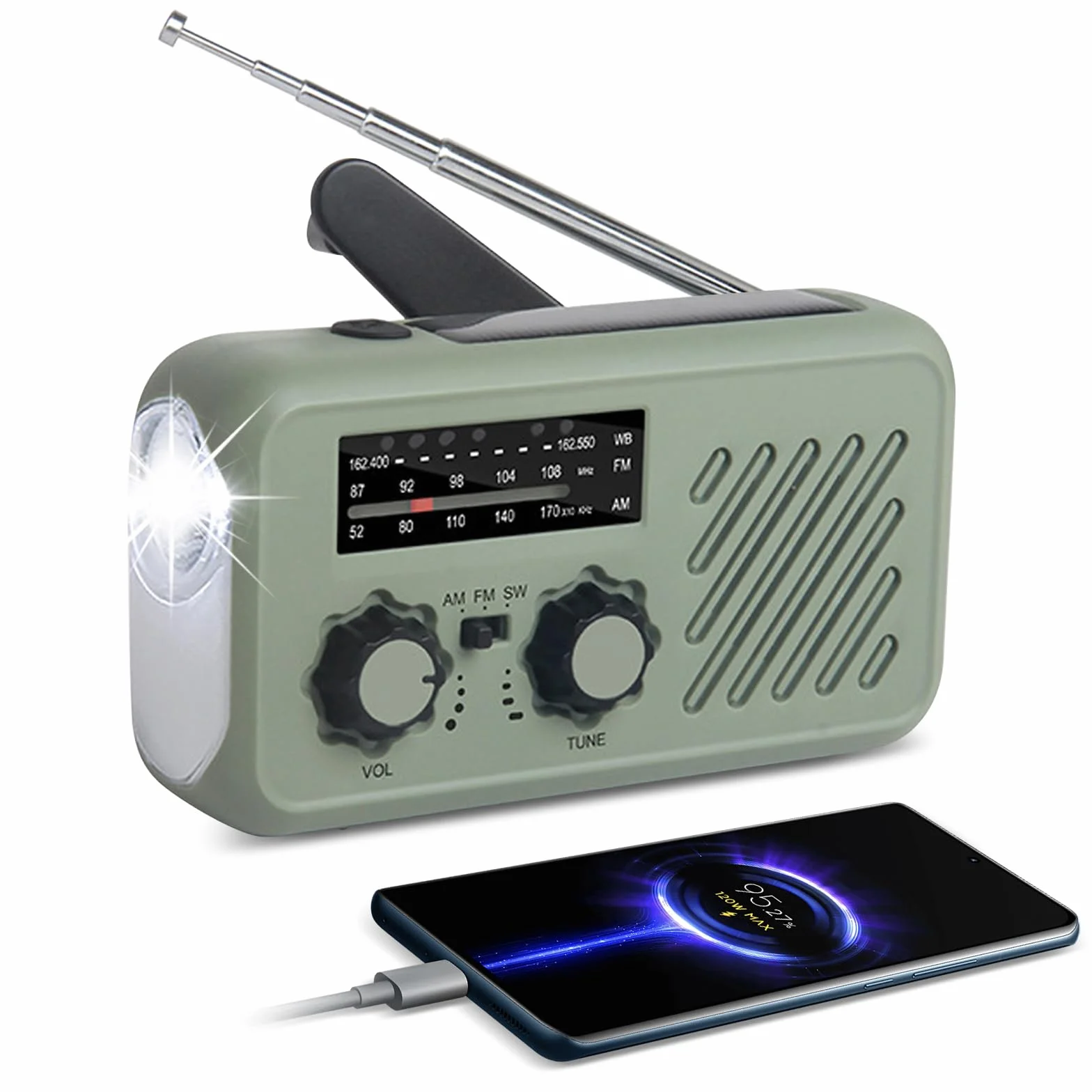 Radio Solaire d'Urgence AM/FM/WB Portable avec Batterie 2000mAh, LED, SOS, Recharge Téléphone