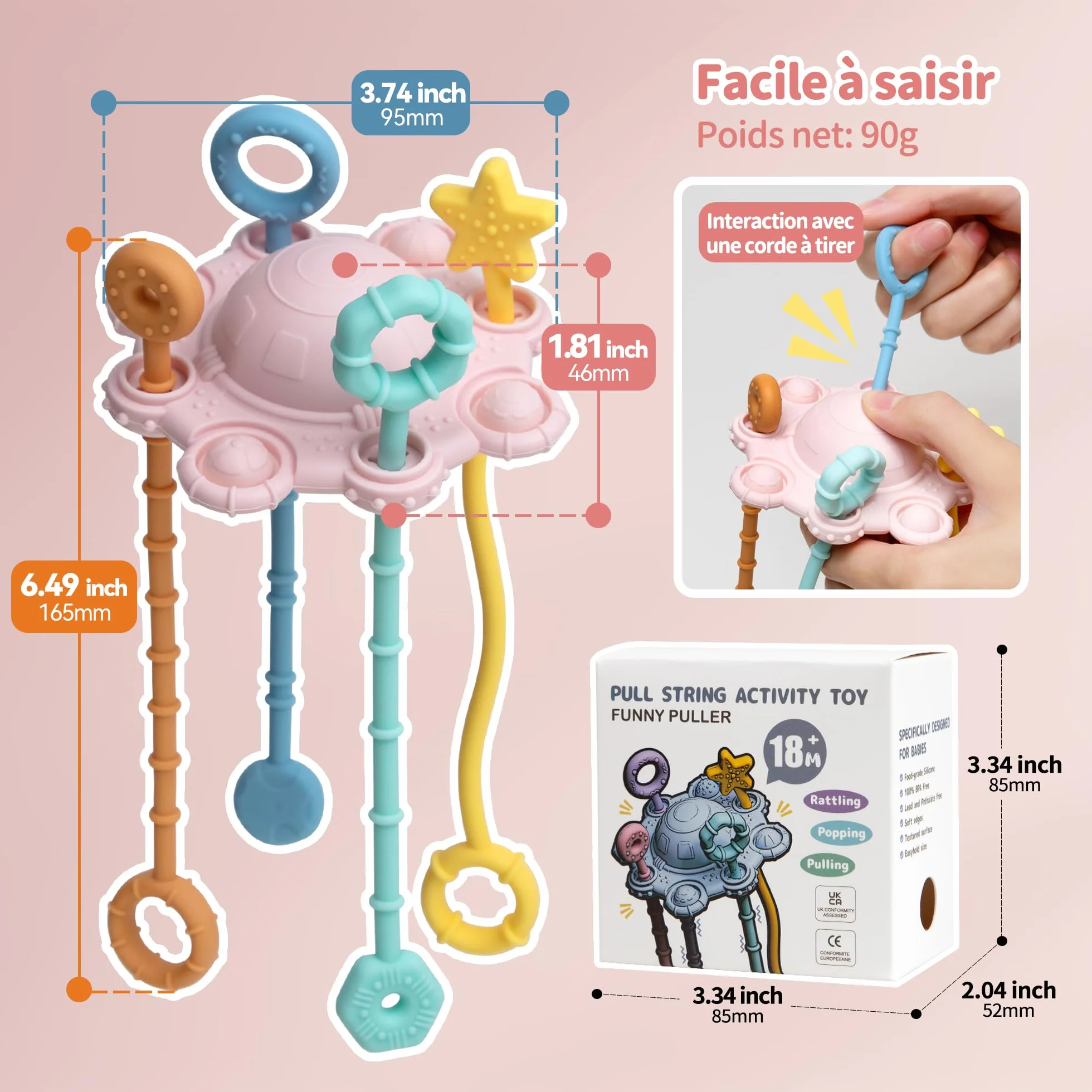 Jouet Montessori Motricité Fine Silicone Alimentaire Hochet Facile Nettoyer Poudré