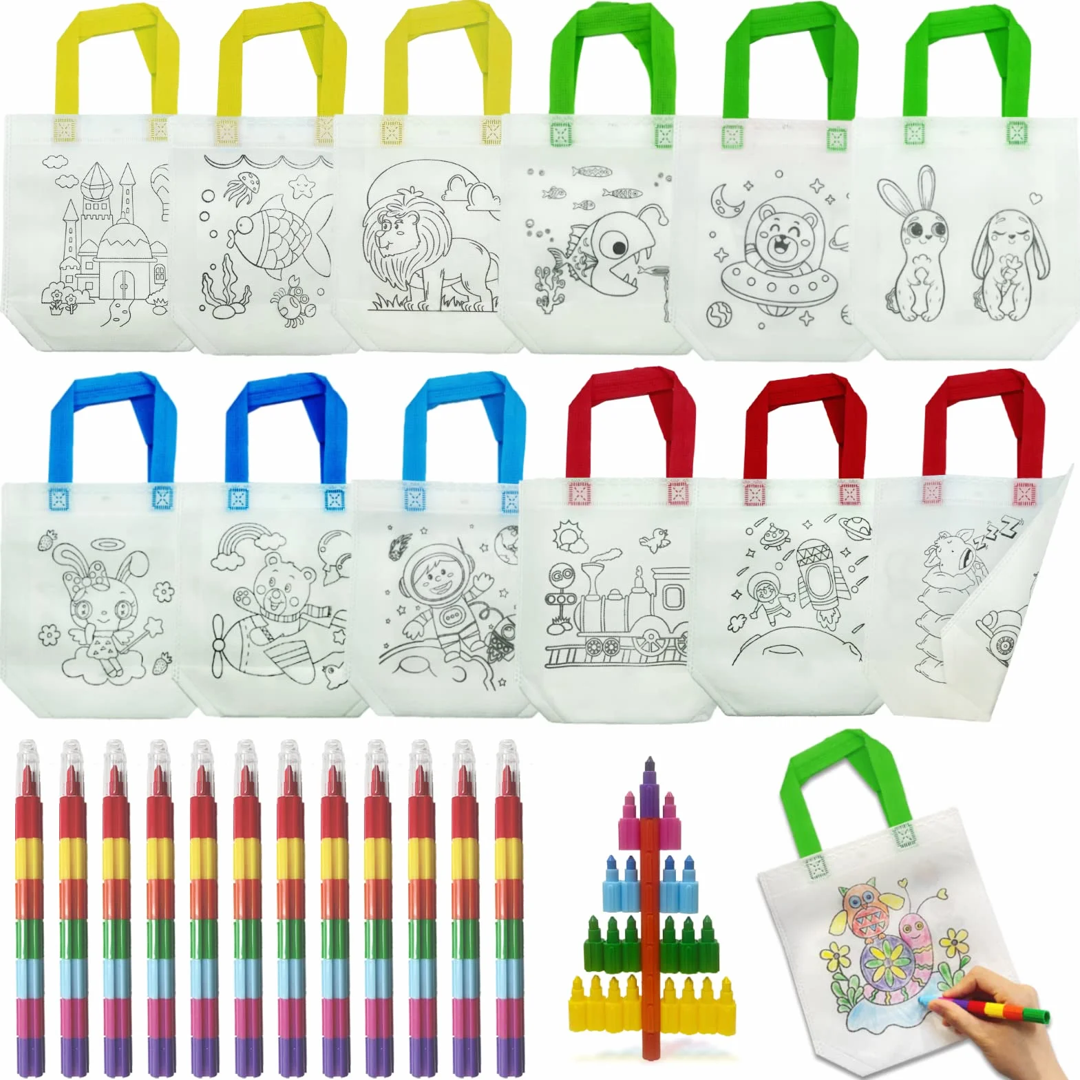 ICEPAPA Kit Peinture Enfant 12 Sac a Colorier 12 Crayons de Couleurs empilables 7 couleurs Cadeau Anniversaire Enfants