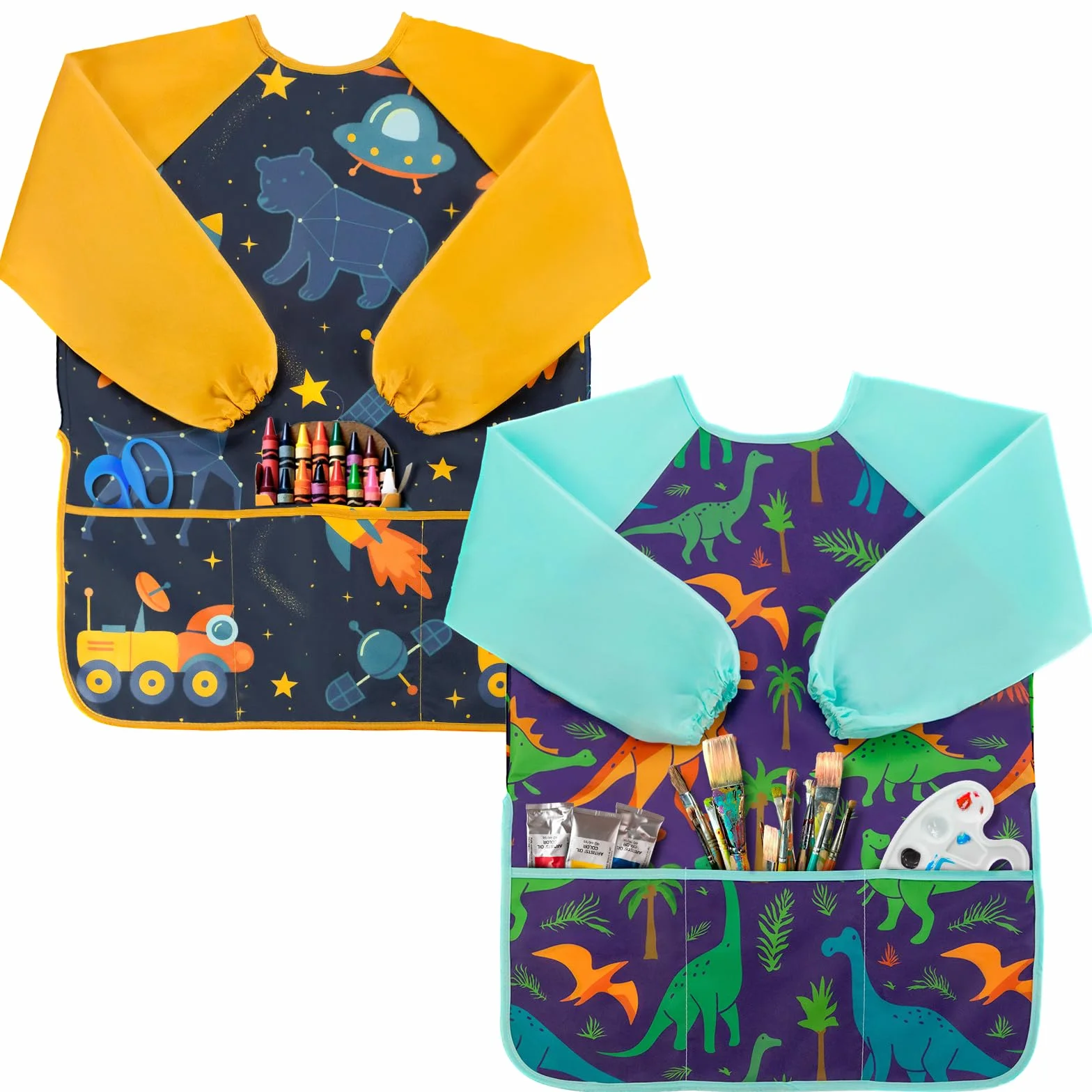 Tablier Peinture Enfants Imperméable Manches Longues 3 Poches Lavable pour Peinture Bricolage Cuisine