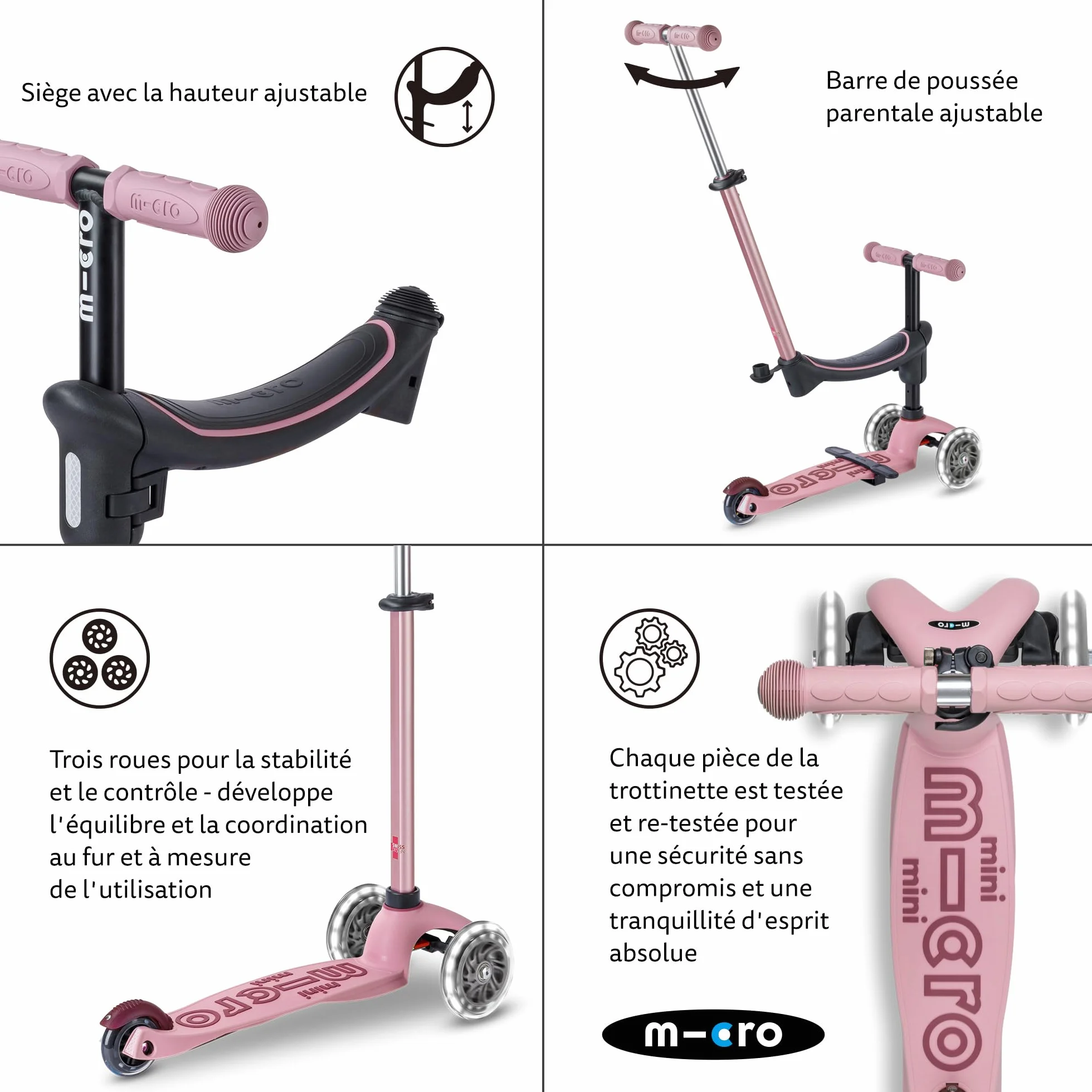 Mini Micro 2 Grow LED 4 en 1 Trottinette pour tout-petits Guidon réglable Léger 1-6 ans